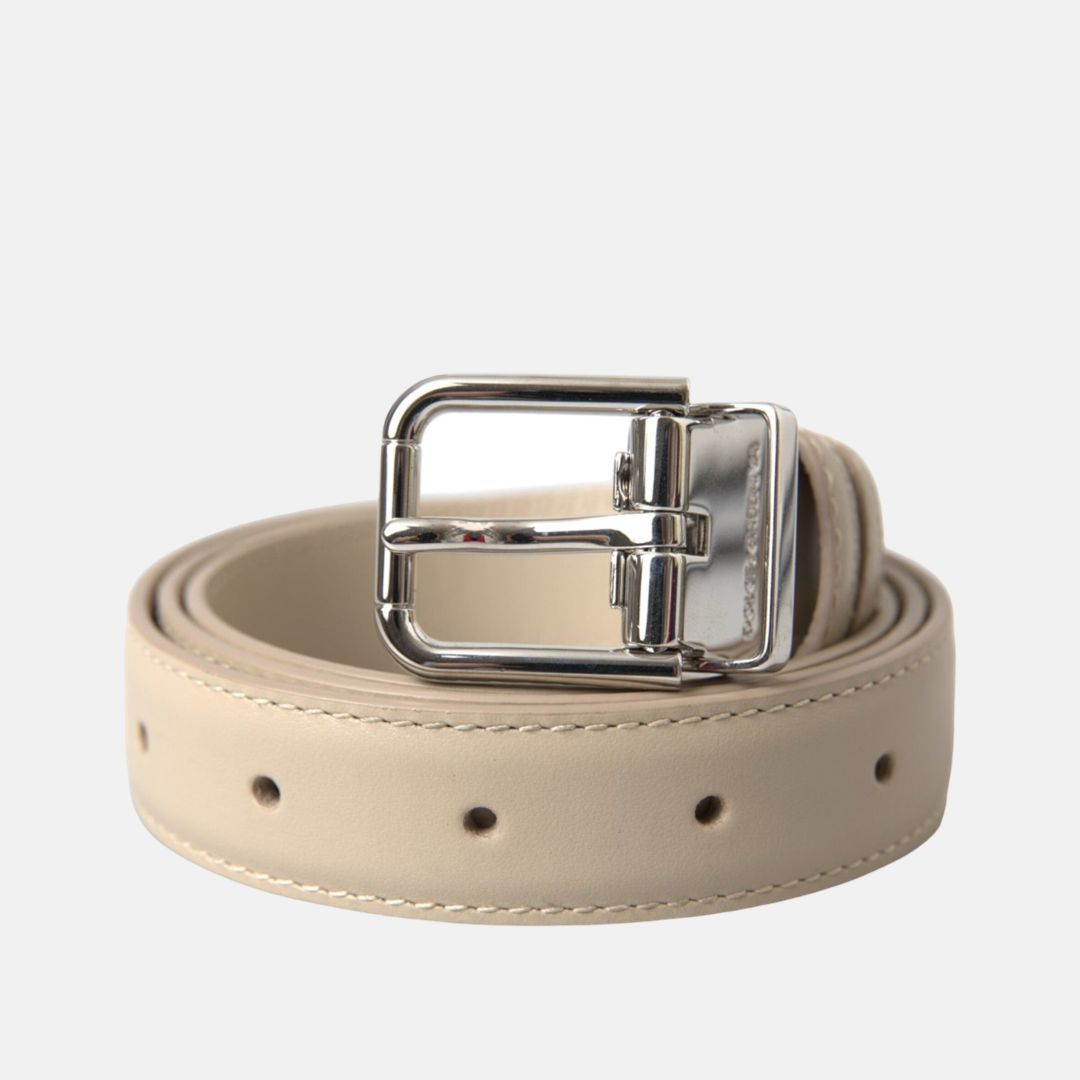 Дамски бежов колан Dolce & Gabbana 
Beige Calfskin Leather Silver Metal Buckle Belt