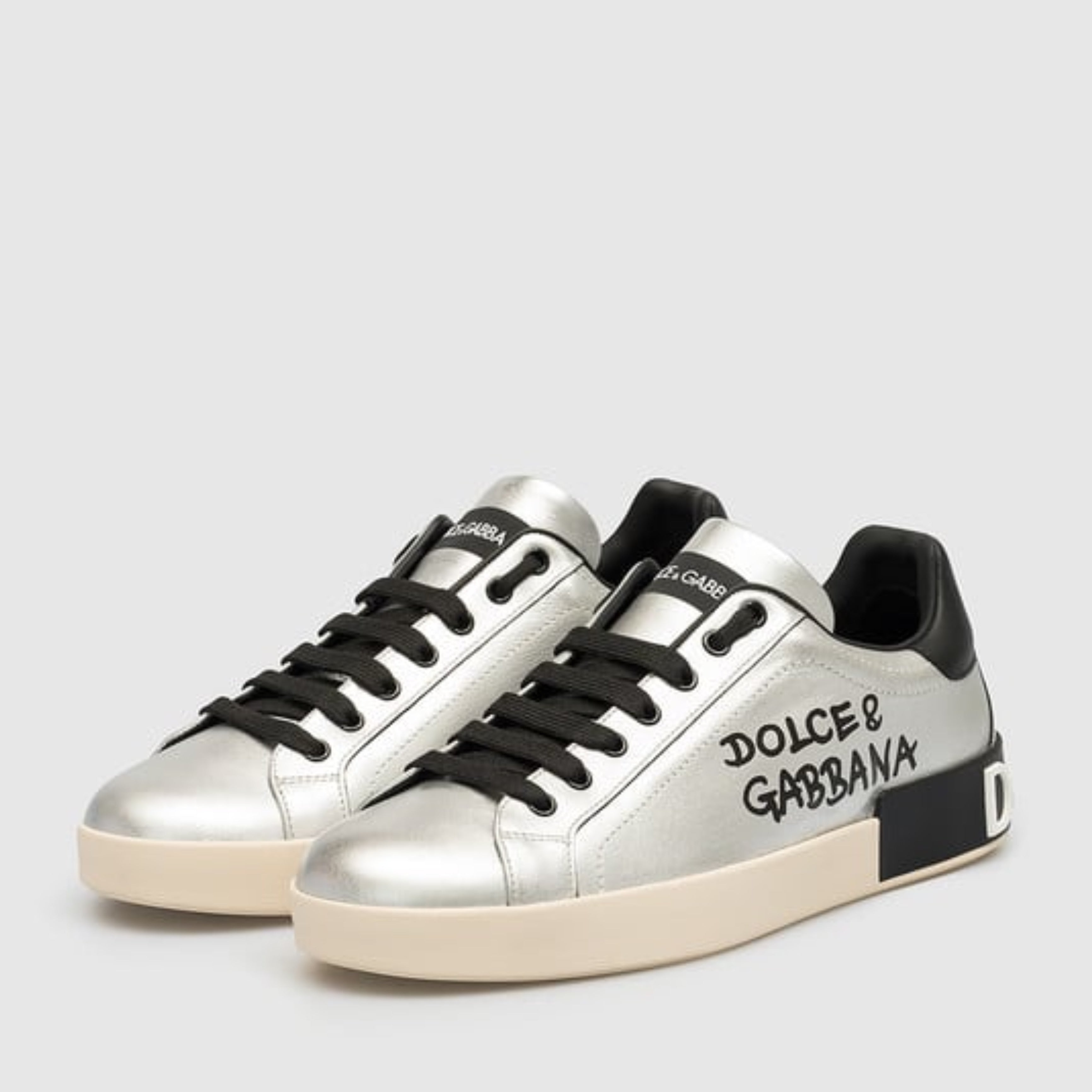 Дамски луксозни кецове от естествена кожа в сребристо Dolce & Gabbana Women’s Silver Portofino Calf Leather Sneakers