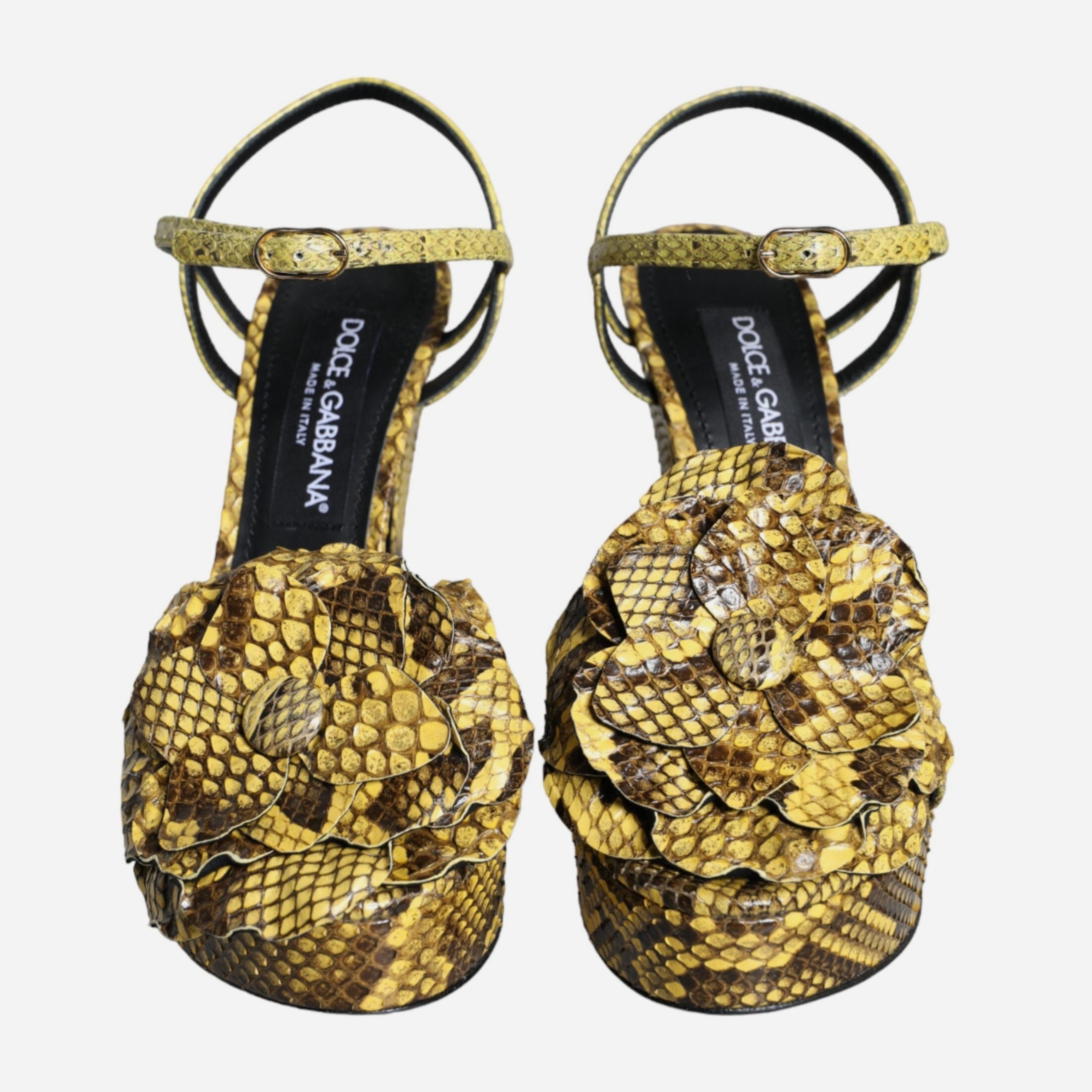 Дамаки луксозни сандали на висок ток от кожа на питон в жълто DOLCE & GABBANA Women’s Luxury Yellow Python Leather Heels Sandals