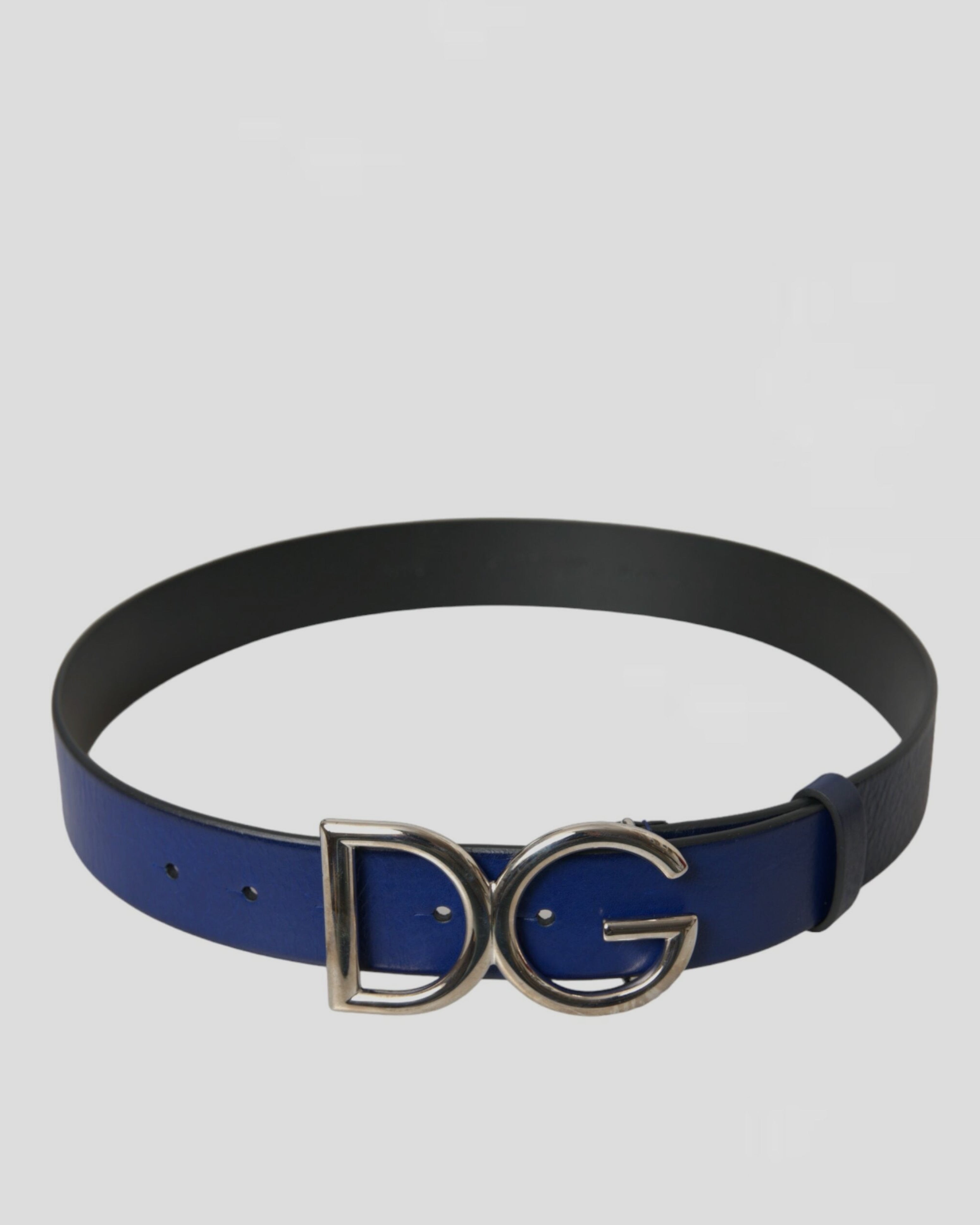 Мъжки луксозен колан от естествена кожа в синьо Dolce & Gabbana Men’s Blue Leather Silver Metal Logo Buckle Belt