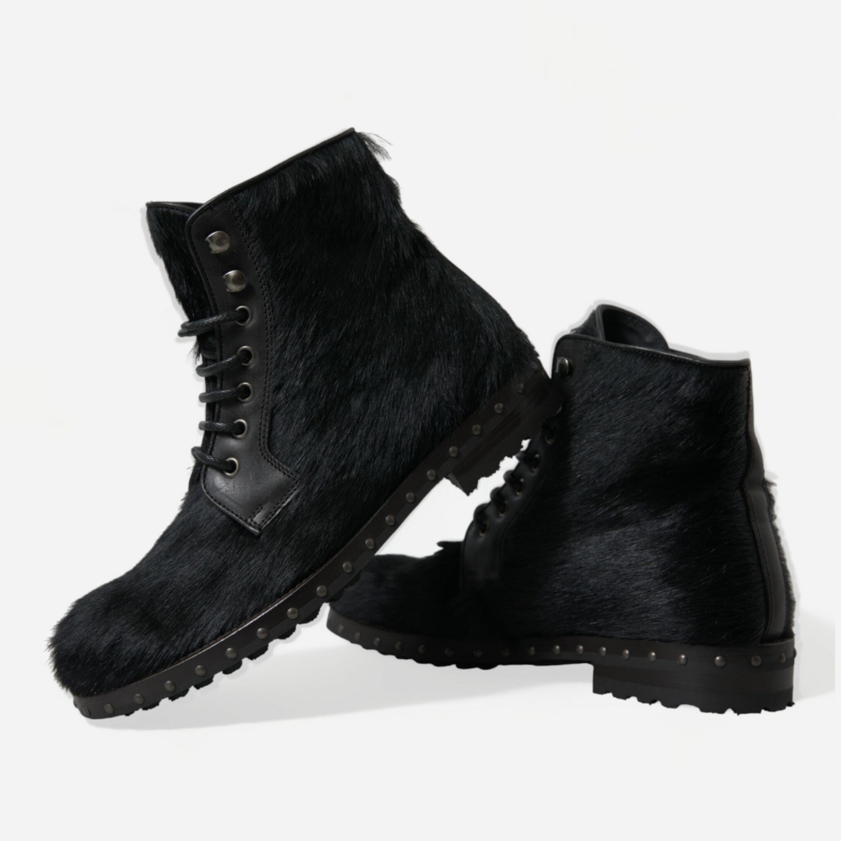 Мъжки луксозни боти кубинки от естествена кожа с косъм Dolce & Gabbana Men’s Elegant Black Calf Leather Lace-Up Ankle Boots