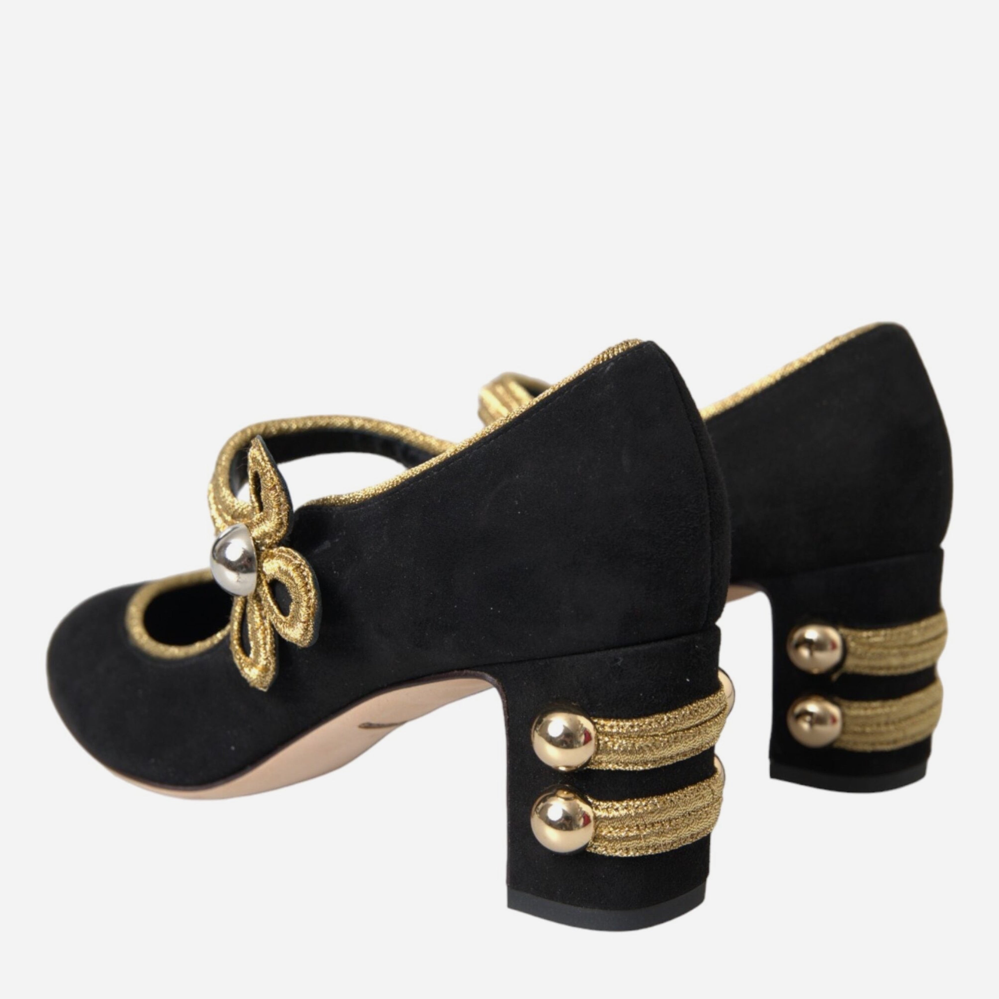 Дамски луксозни обувки на ток от естествен велур в черно и златно Dolce & Gabbana Women’s Black Suede Gold Mary Janes Heels