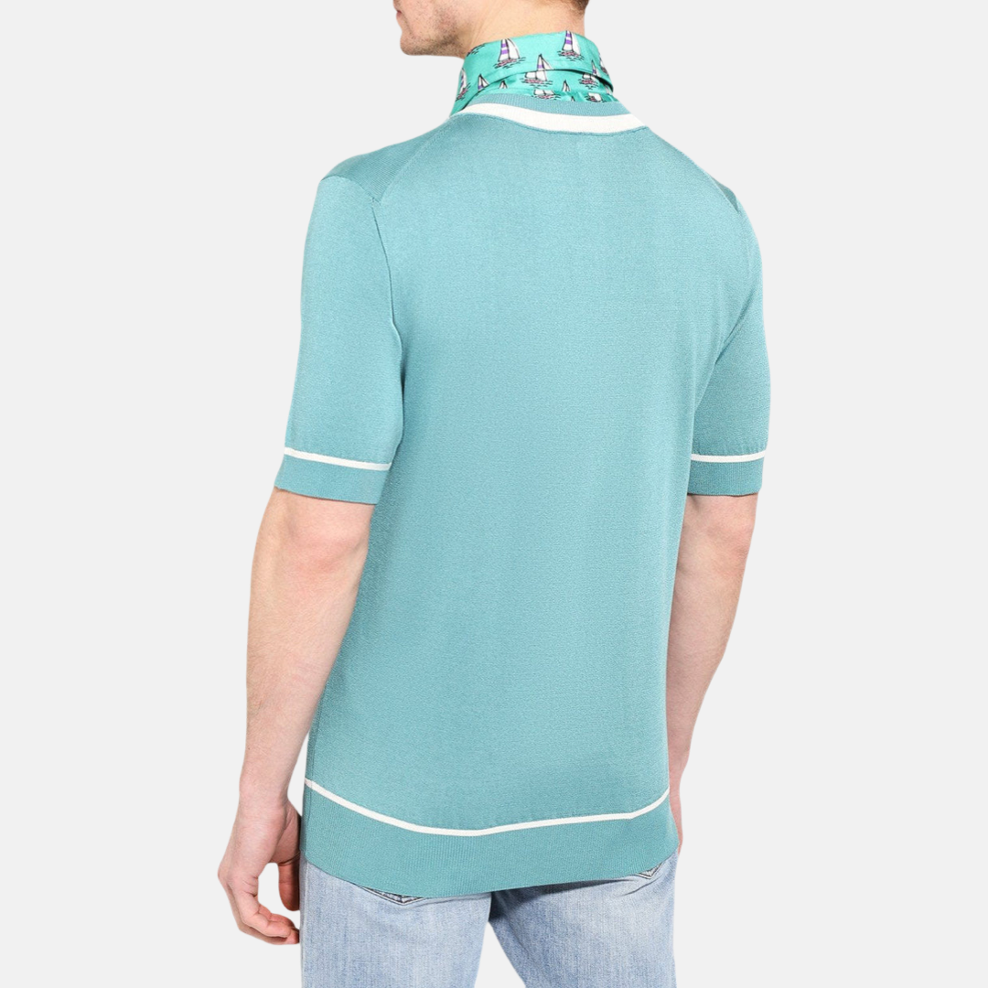 Мъжка копринена поло тениска Dolce & Gabbana Silk Polo Tee with Boat Collar Print