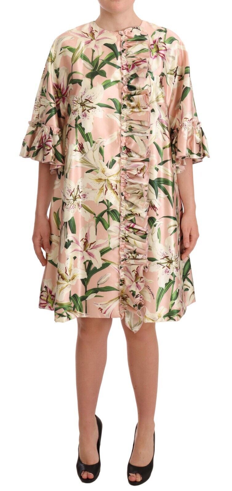 Dolce & Gabbana Elegant Floral Ruffled Silk Long Coat