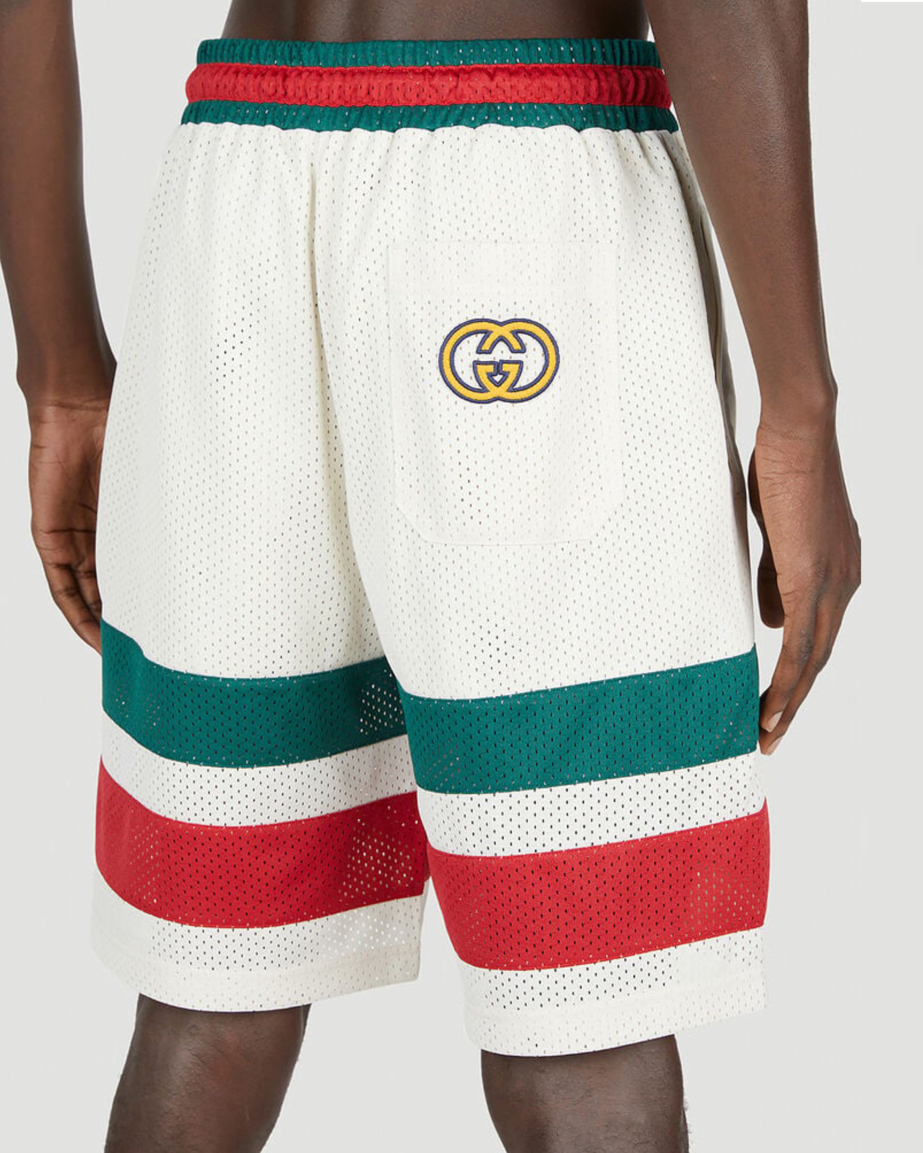 Мъжки луксозни къси панталони шорти в цвят слонова кост Men’s luxury iconic GUCCI logo shorts 737407 XJFFK 9325 Back angled view