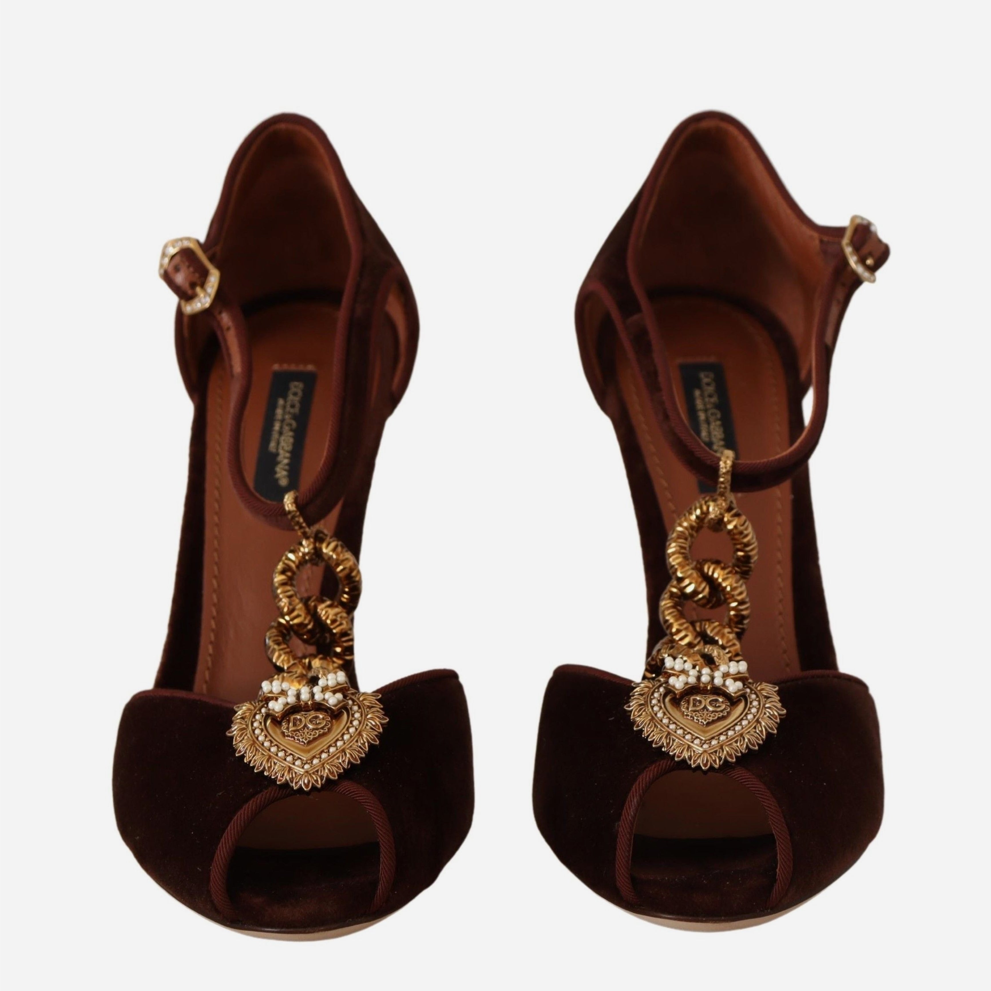 Дамски луксозни кадифени отворени обувки на висок ток в кафяво DOLCE & GABBANA Women’s Luxury Gold Detail Velvet Heels