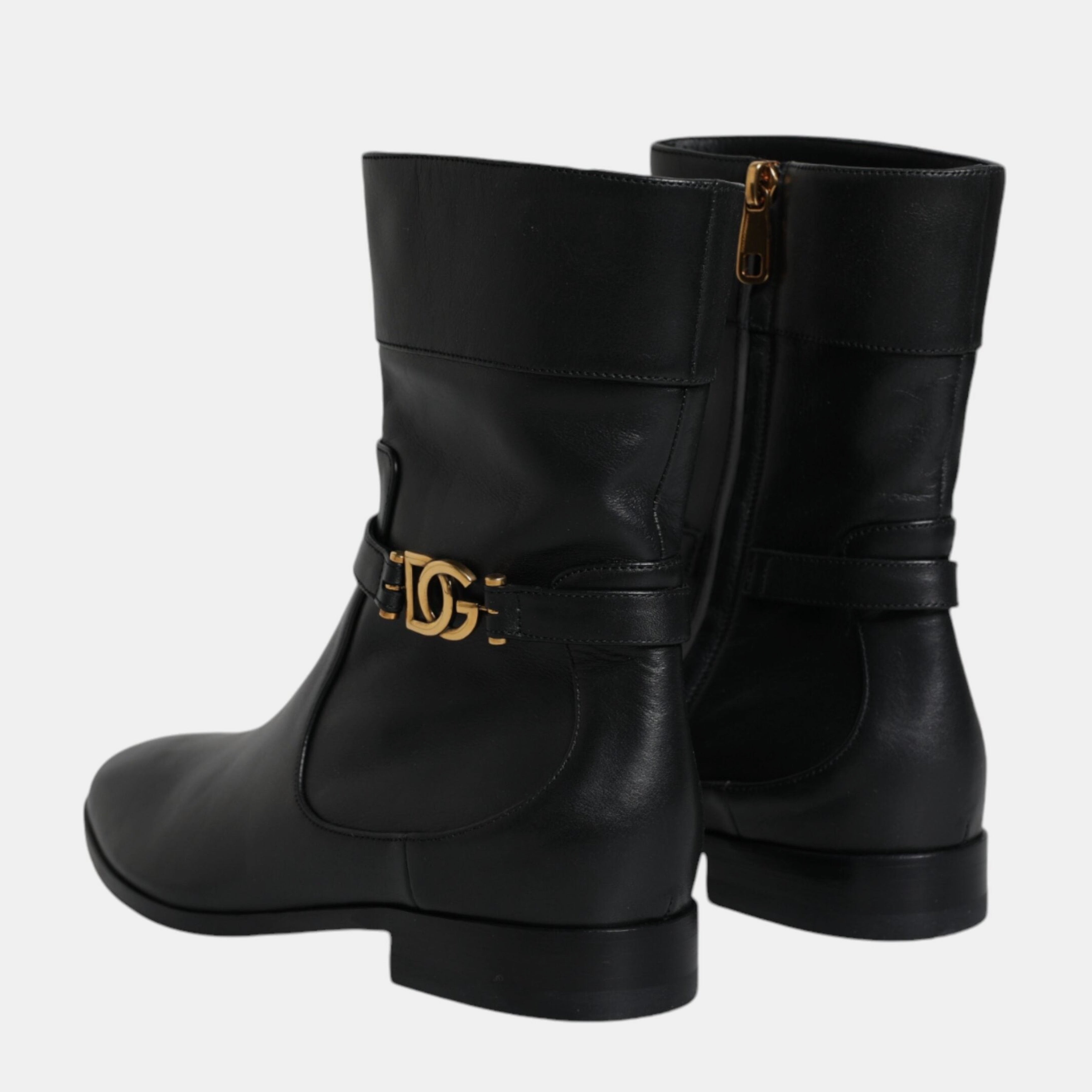 Дамски ботуши от естествена кожа Dolce & Gabbana Women’s Black Leather Logo Ankle Boots