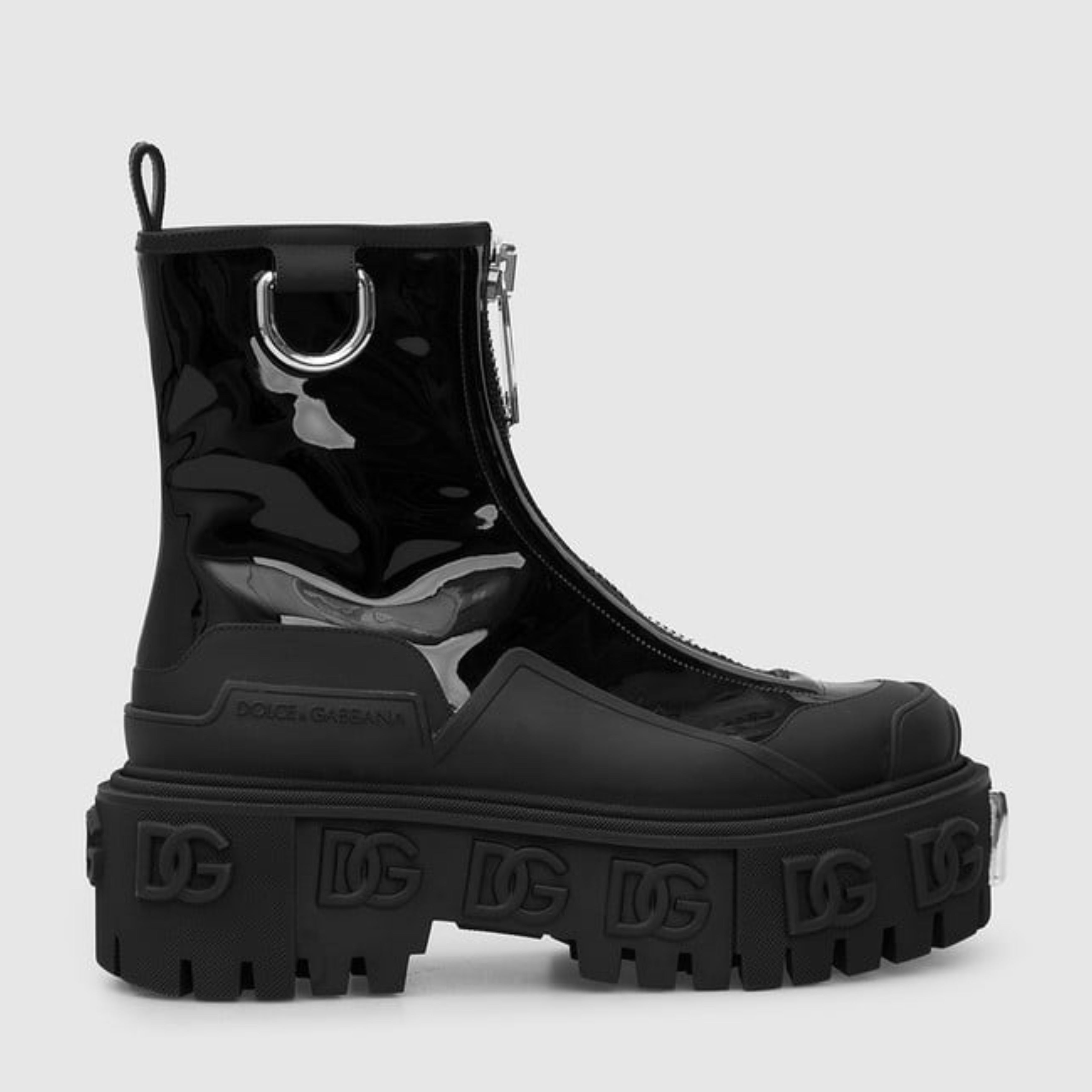 Дамски луксозни боти на висока платформа в черно Dolce & Gabbana Women Black Leather Rubber Logo Ankle Boots