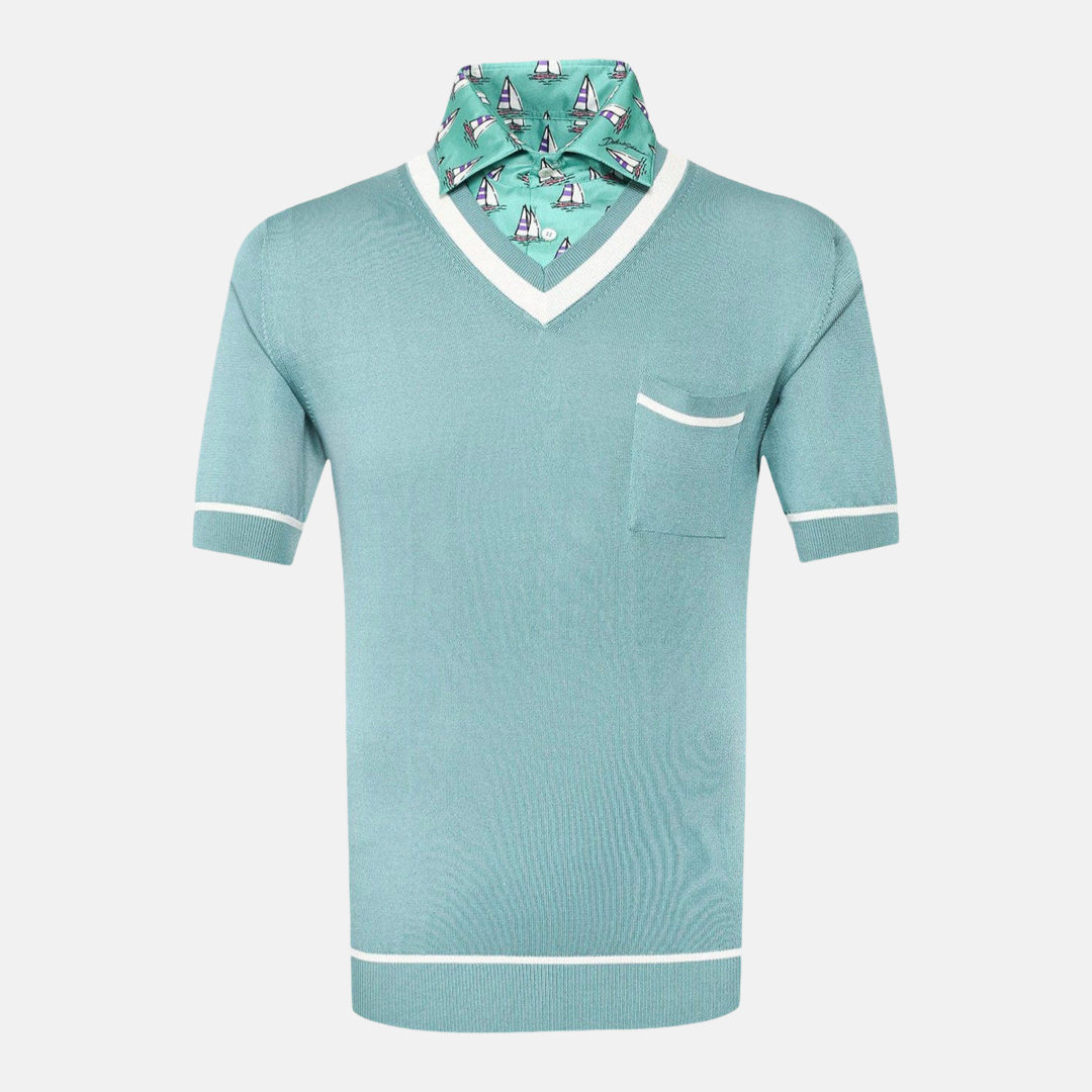 Мъжка копринена поло тениска Dolce & Gabbana Silk Polo Tee with Boat Collar Print