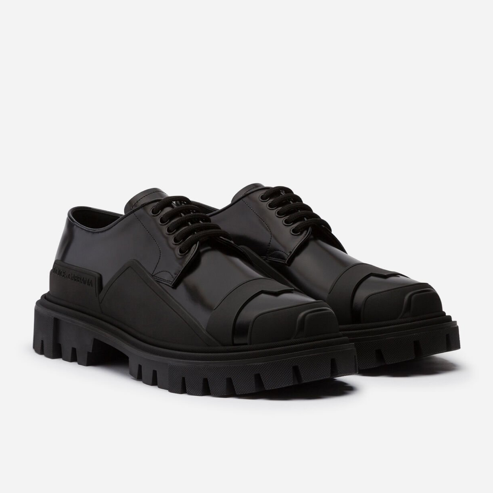 Dolce & Gabbana Black Patent Leather Trekking Men Derby Shoes Lateral View