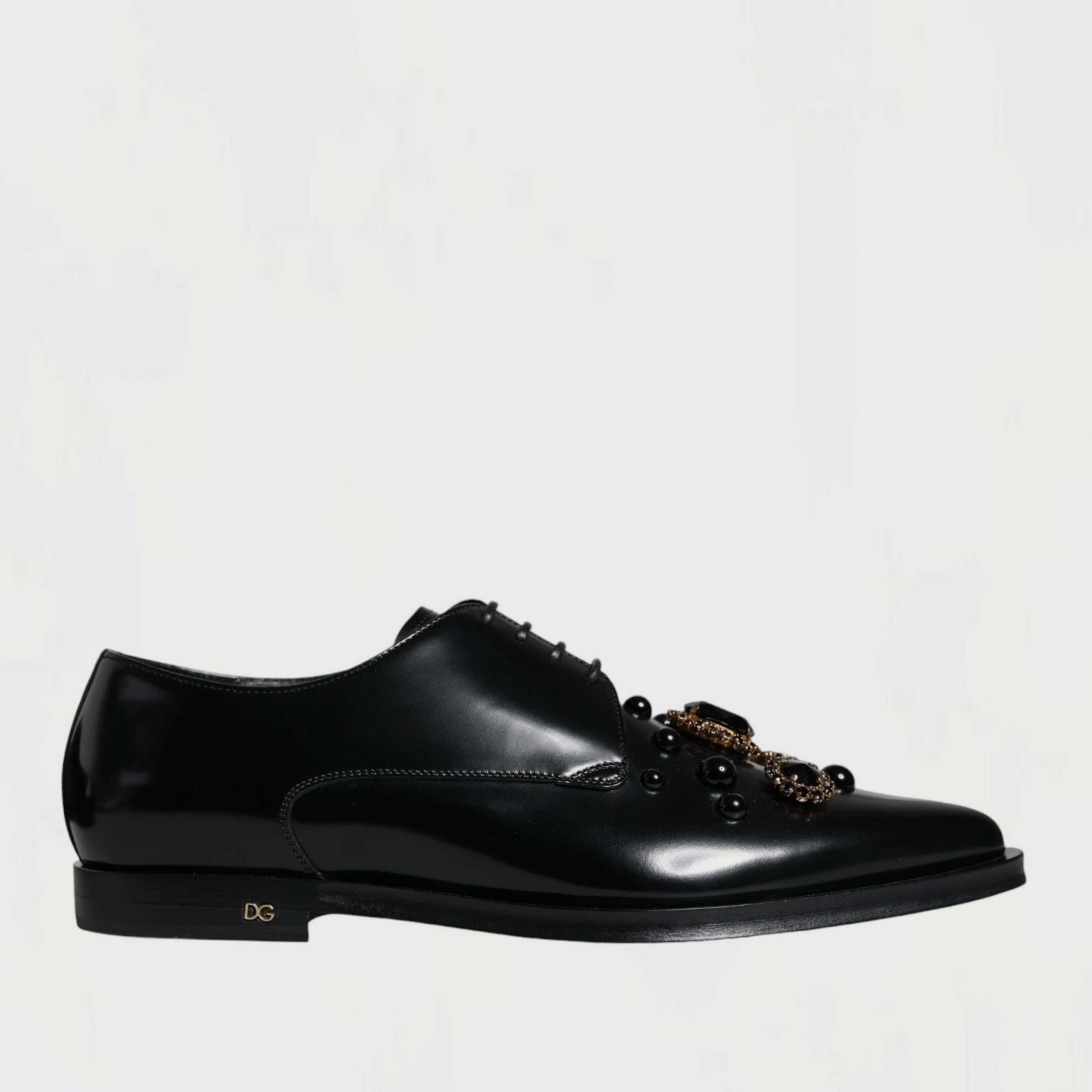 Мъжки луксозни официални дерби обувки с кристали DOLCE & GABBANA Women’s Black Leather Crystal Formal Derby Shoes