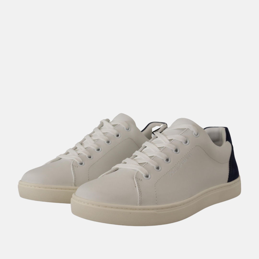 Дамски бели кецове Dolce & Gabbana 
Elegant White and Blue Low-Top Leather Sneakers