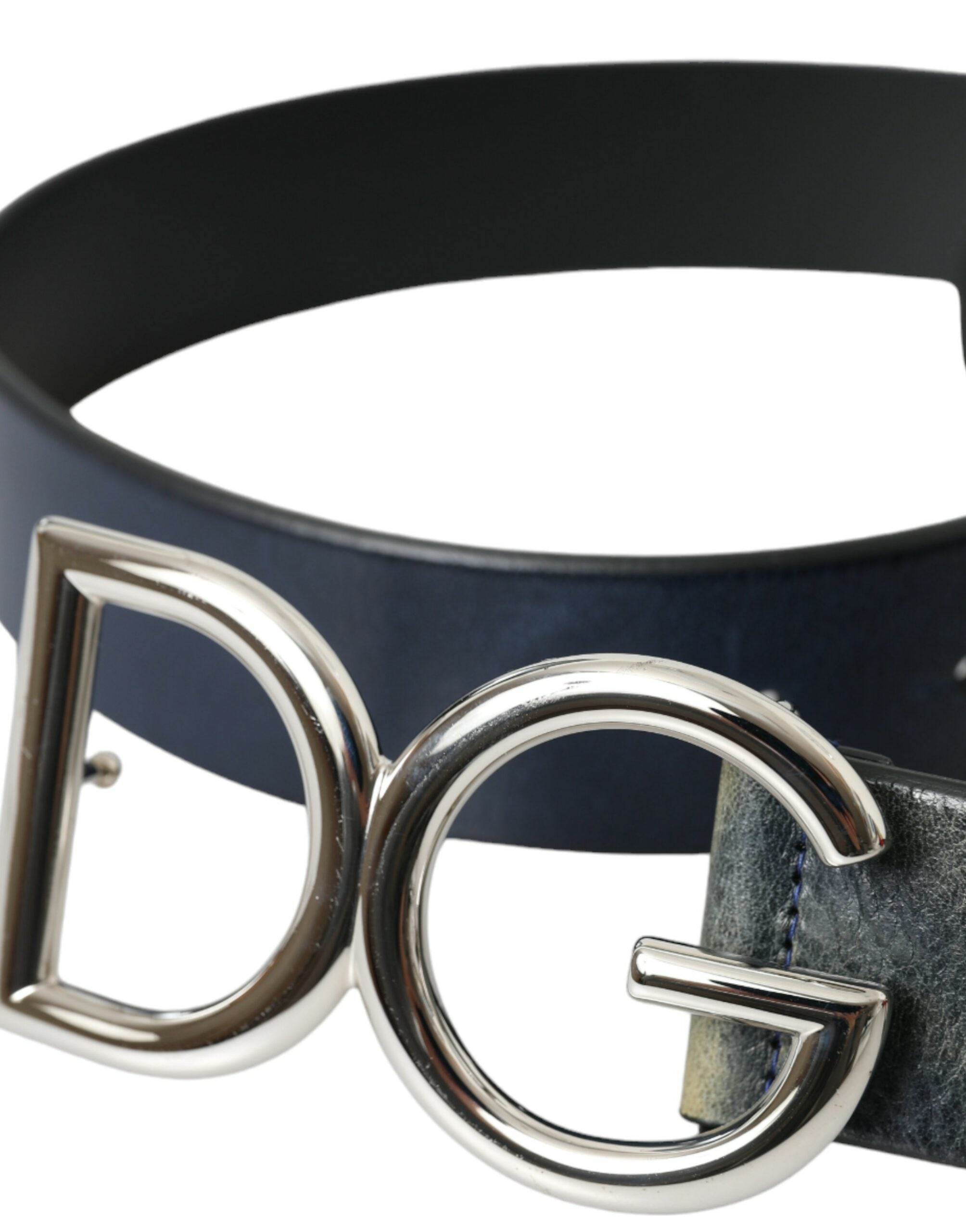 Мъжки син колан Dolce & Gabbana Blue Leather Silver Metal Logo Buckle Belt