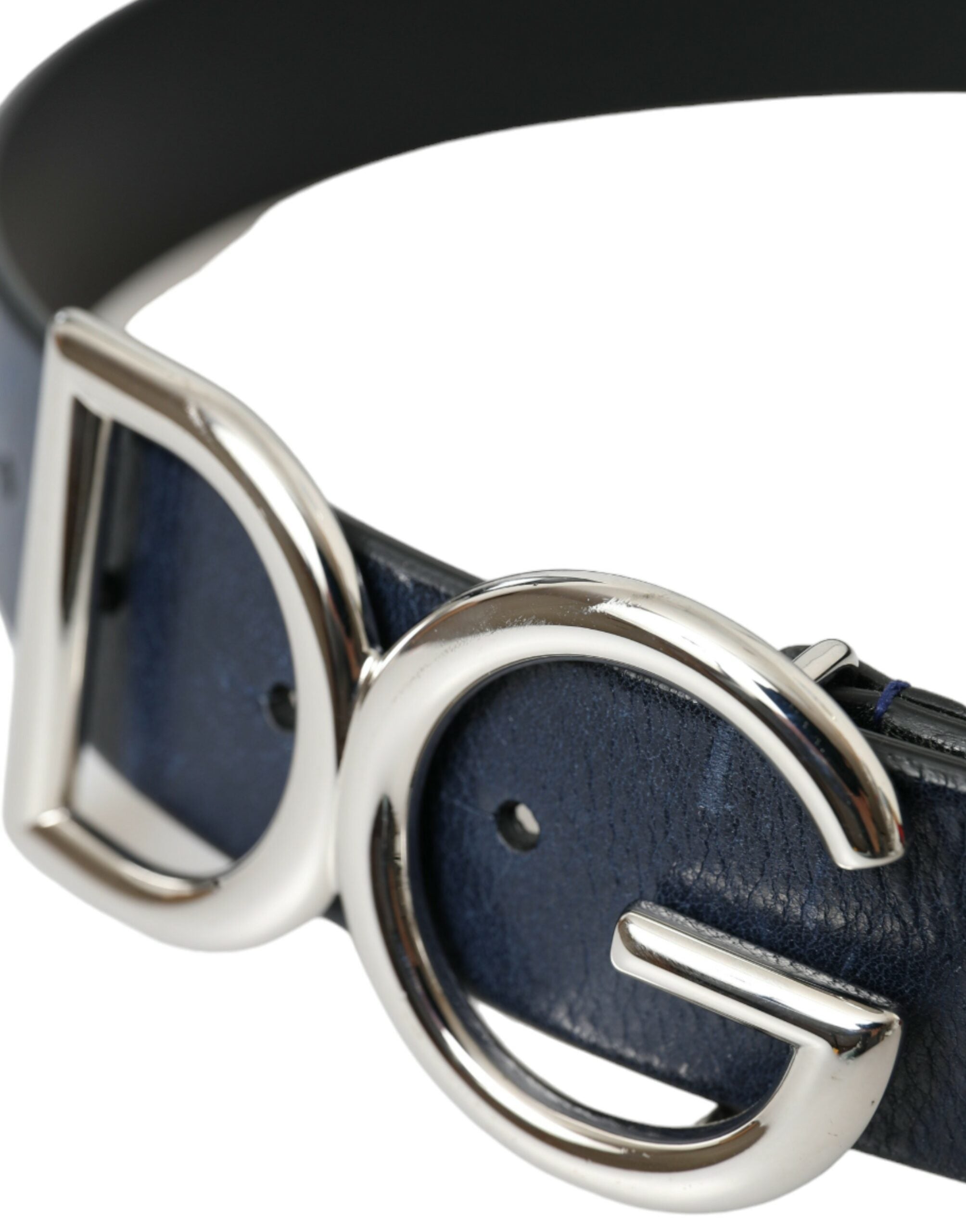 Мъжки син колан Dolce & Gabbana Blue Leather Silver Metal Logo Buckle Belt