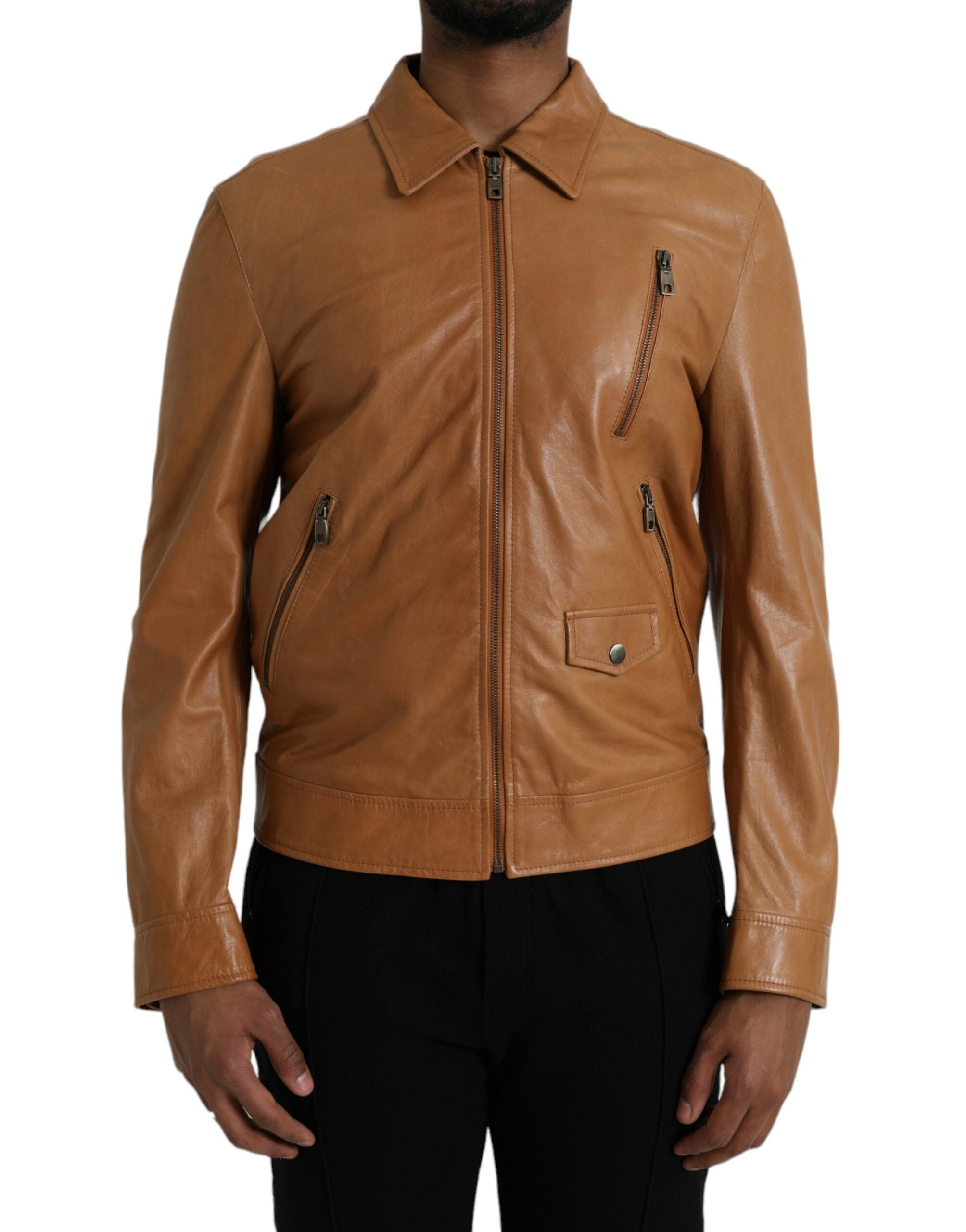 Мъжко кожено яке в кафяво Dolce & Gabbana Brown Lamb Leather Full Zip Men Jacket от естествена кожа