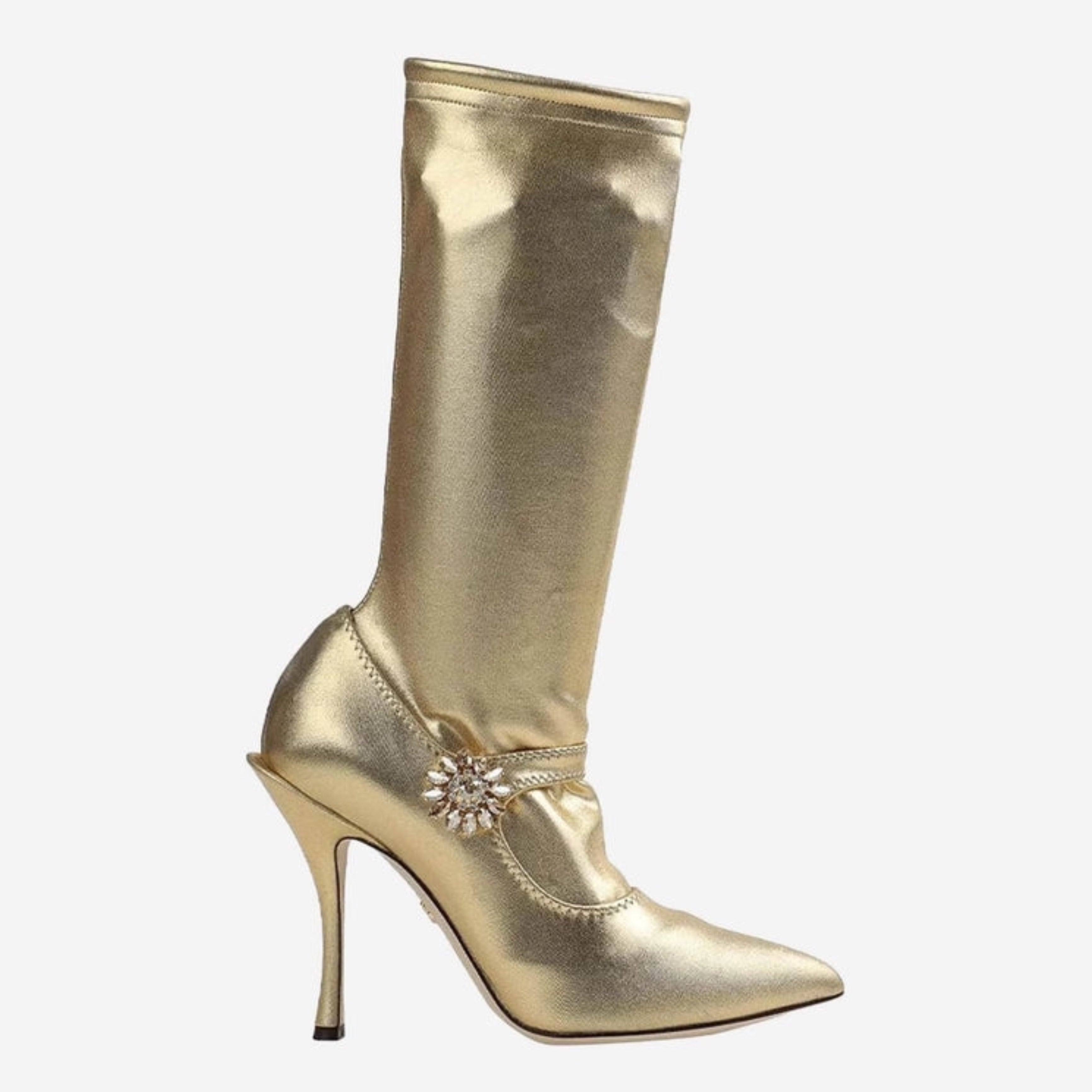 Дамски луксозни златисти боти чорапи на висок ток с кристали DOLCE & GABBANA Women’s Gold Ankle Boots Socks with Rhinestones