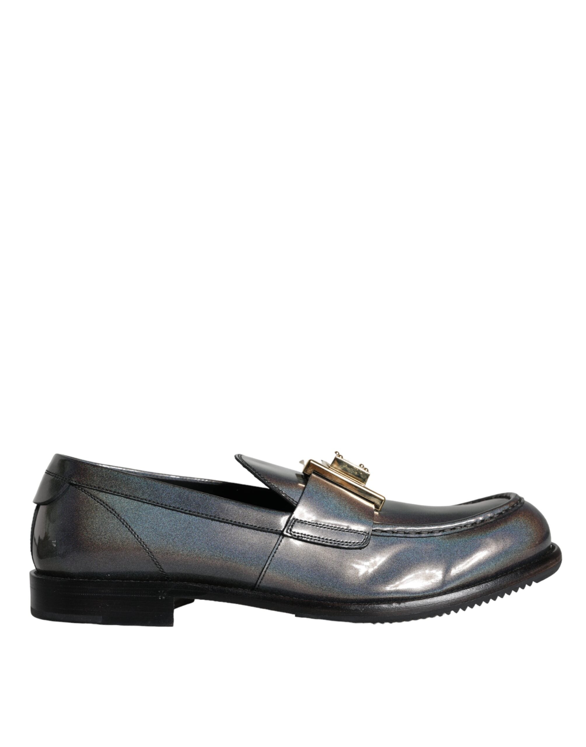 Dolce & Gabbana Silver Leather Logo Plaque Slip On Men Loafers Shoes