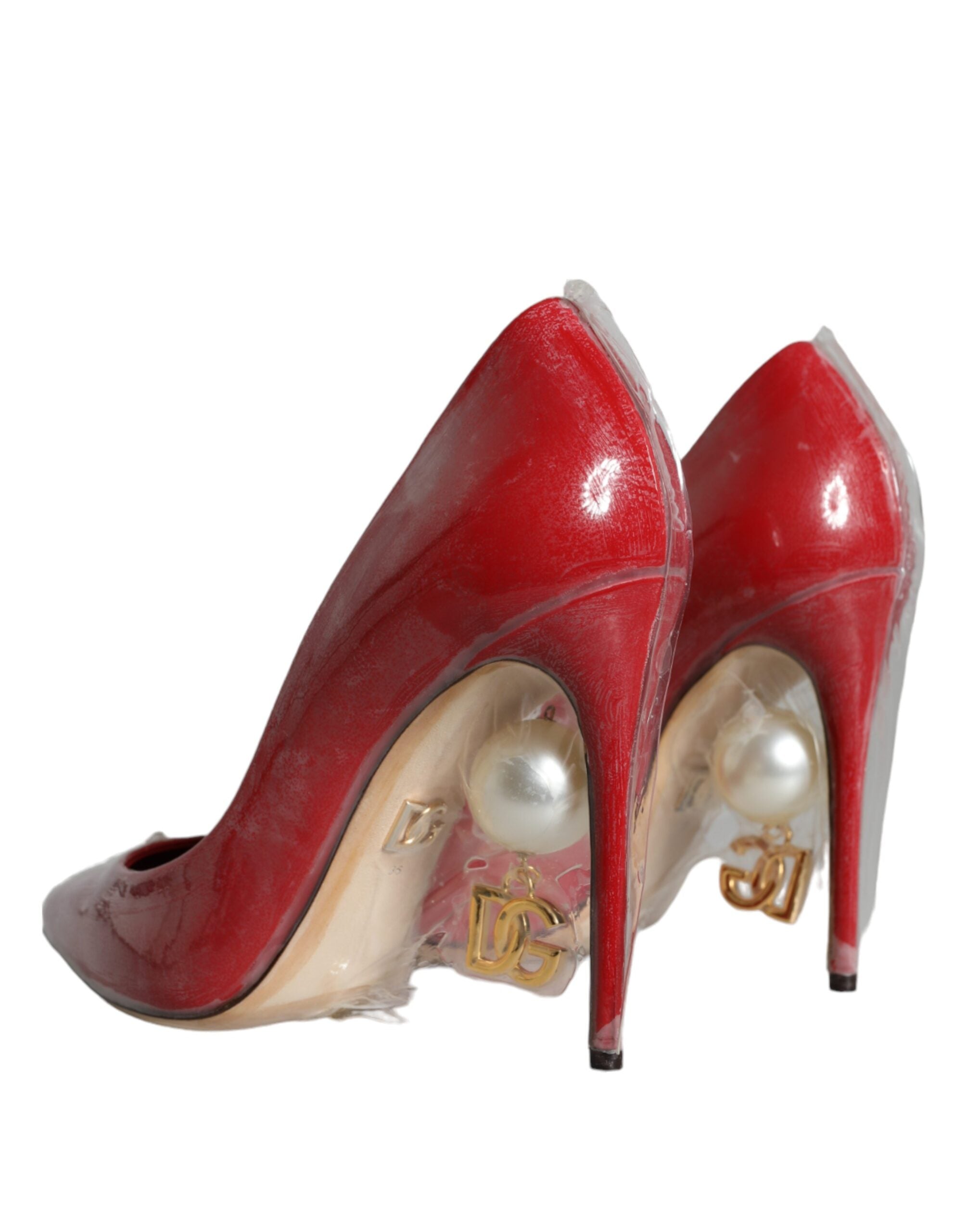 Dolce & Gabbana Red Patent Leather Faux Pearl Heels Pumps Shoes