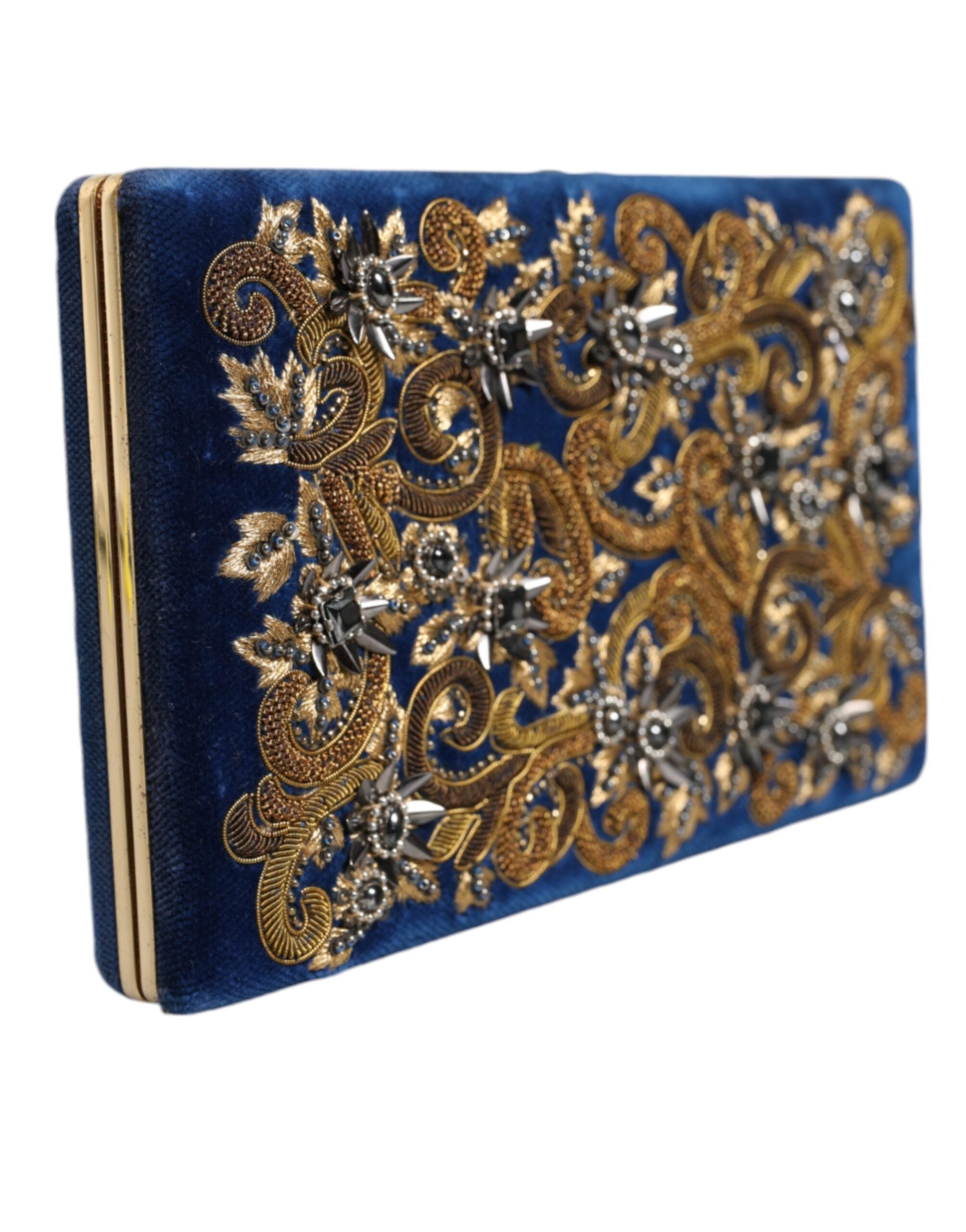 Dolce &amp; Gabbana Blue Velvet Gold Frame Clutch Вечерна чанта за парти
