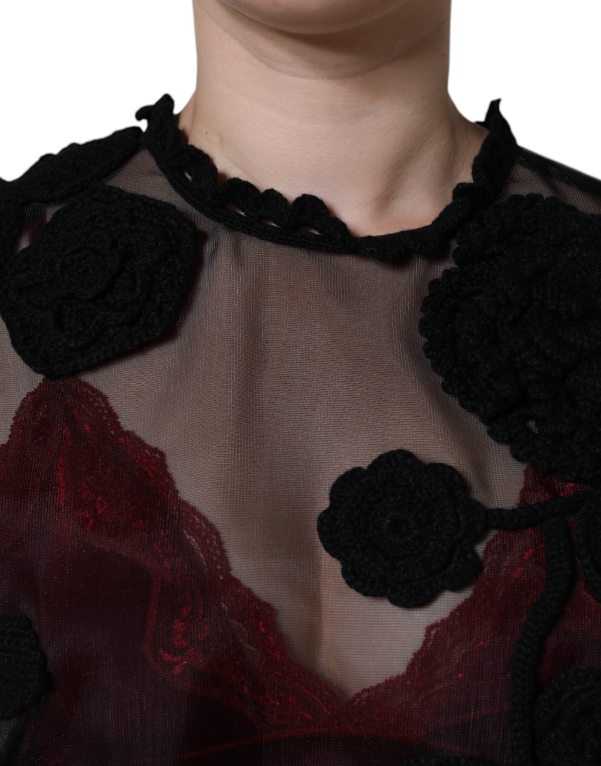 Черна найлонова мрежеста прозрачна блуза на цветя Dolce &amp; Gabbana