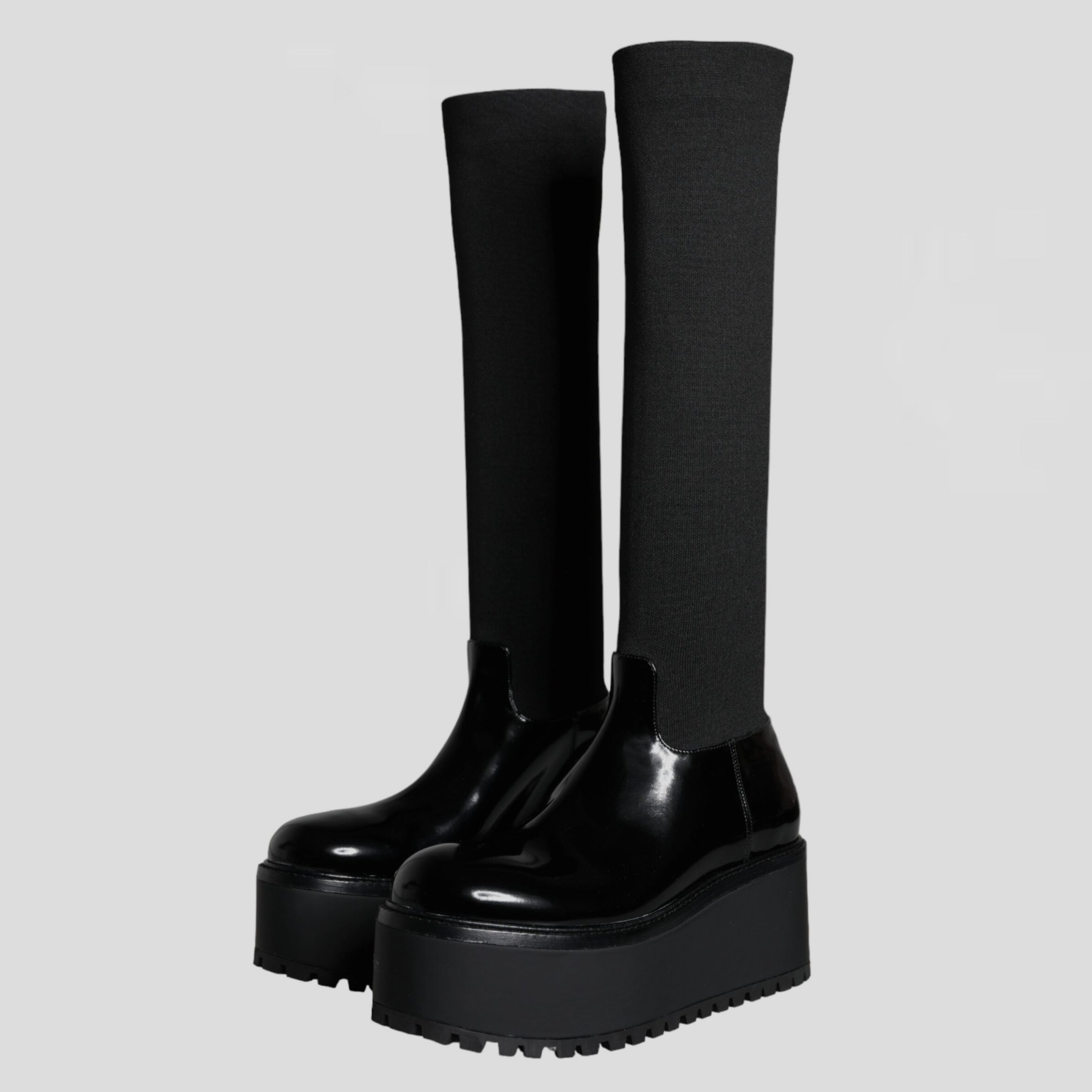 Дамски екстравагантни високи ботуши на висока платформа в черно Dolce & Gabbana Women’s Black Leather Jersey Knee High Boots