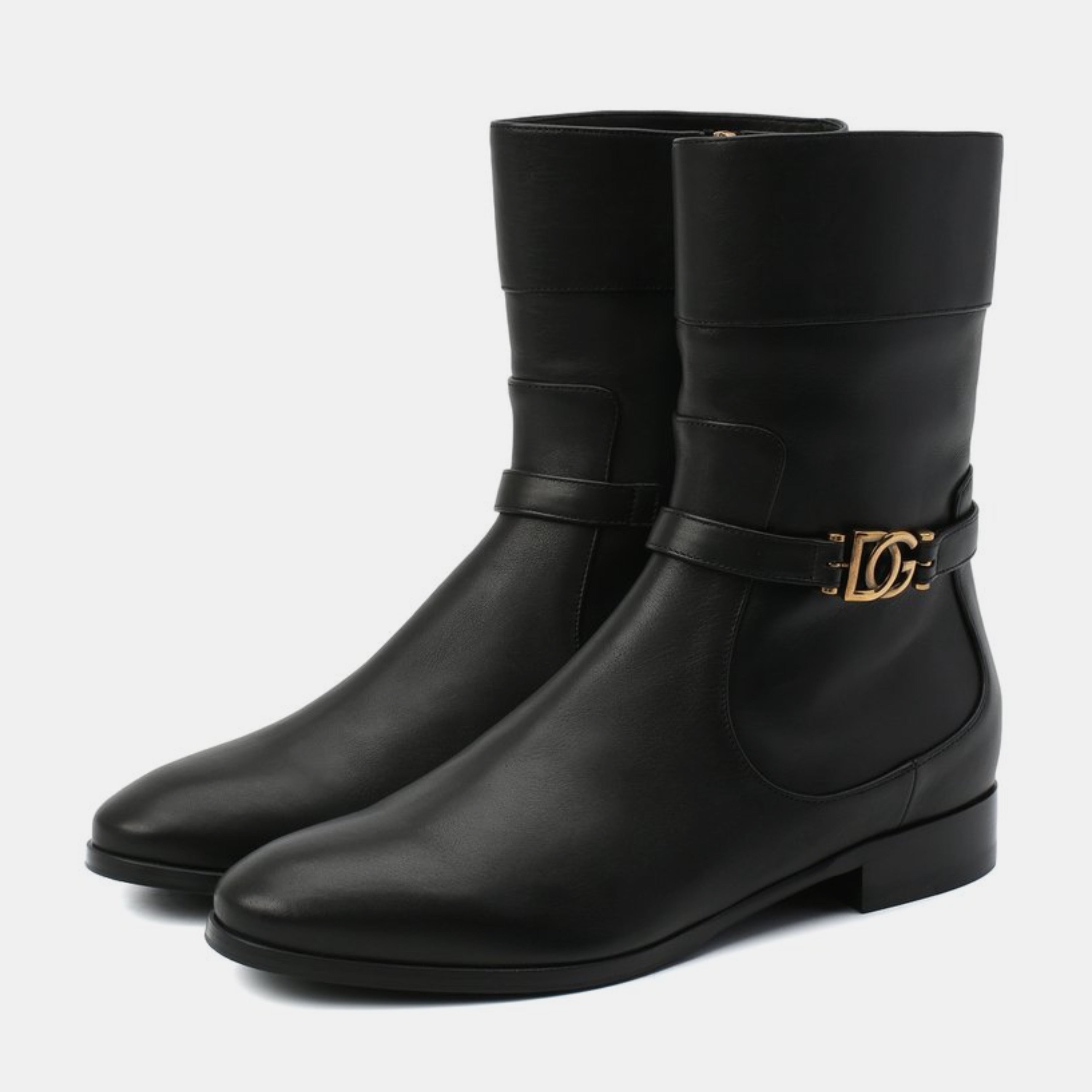 Дамски ботуши от естествена кожа Dolce & Gabbana Women’s Black Leather Logo Ankle Boots