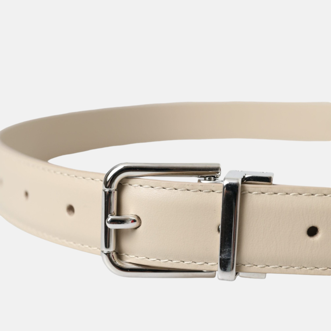 Дамски бежов колан Dolce & Gabbana 
Beige Calfskin Leather Silver Metal Buckle Belt