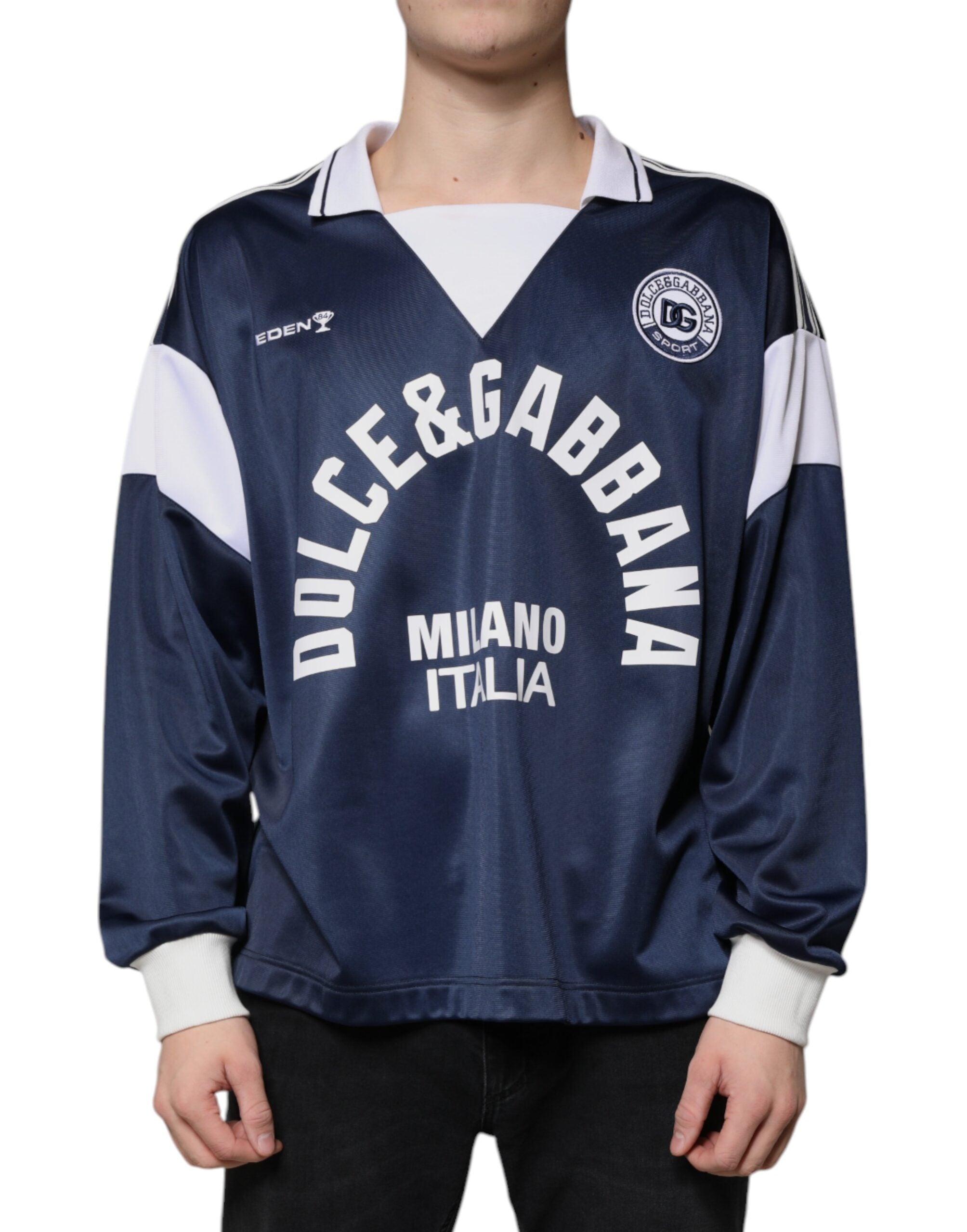 Dolce &amp; Gabbana Blue White Milano Джърси тениска с дълъг ръкав