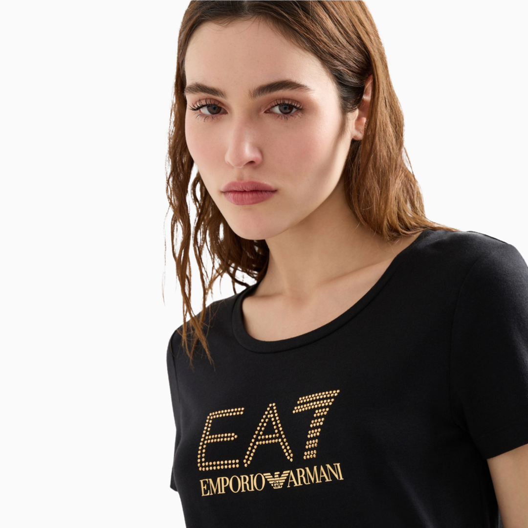 Дамска черна тениска със златно лого EA7 Emporio Armani Evolution 8NTT67 TJDQZ 1200