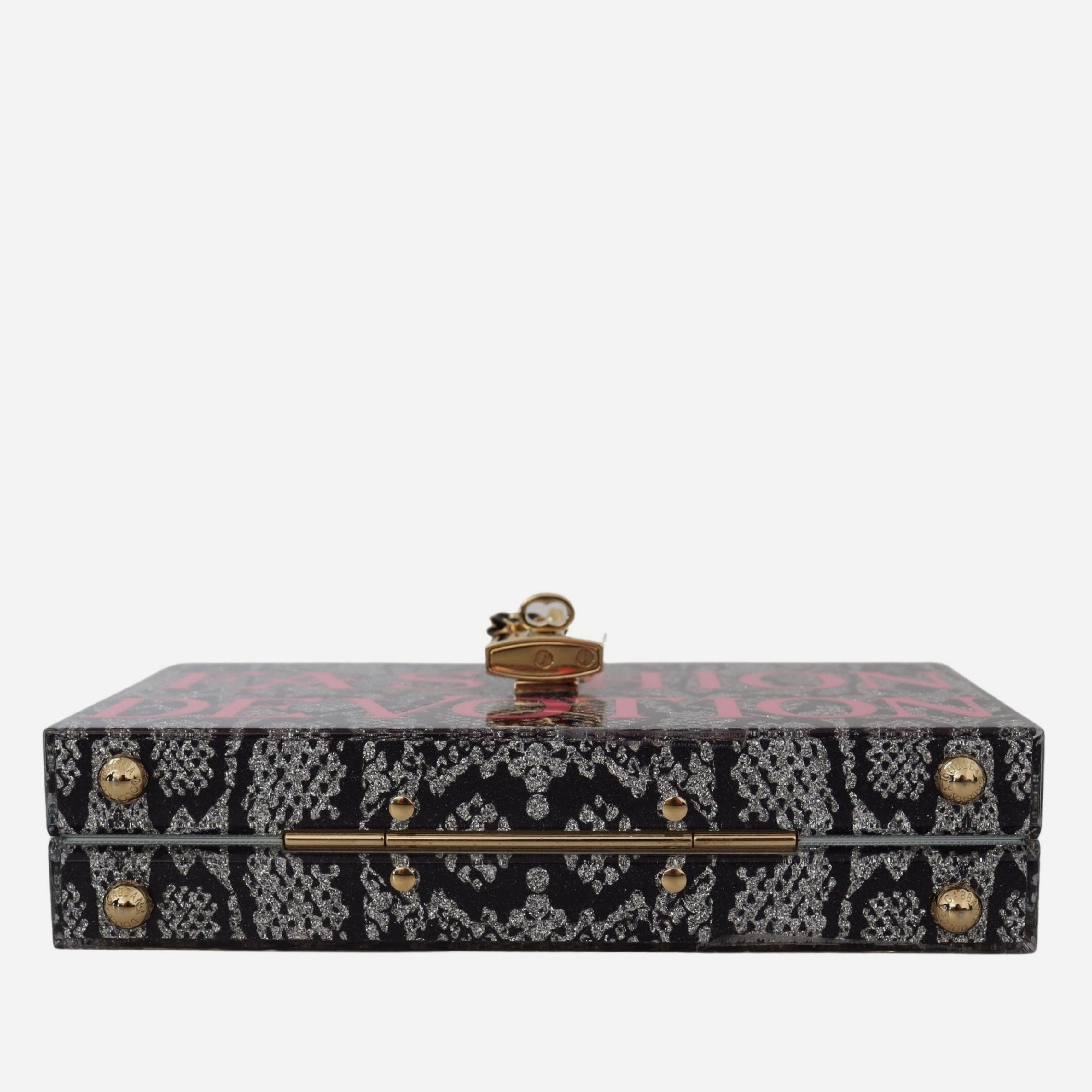 Дамска луксозна чанта Dolce & Gabbana FASHION DEVOTION Gray Resin Dolce Box Shoulder Bag with Gold Details