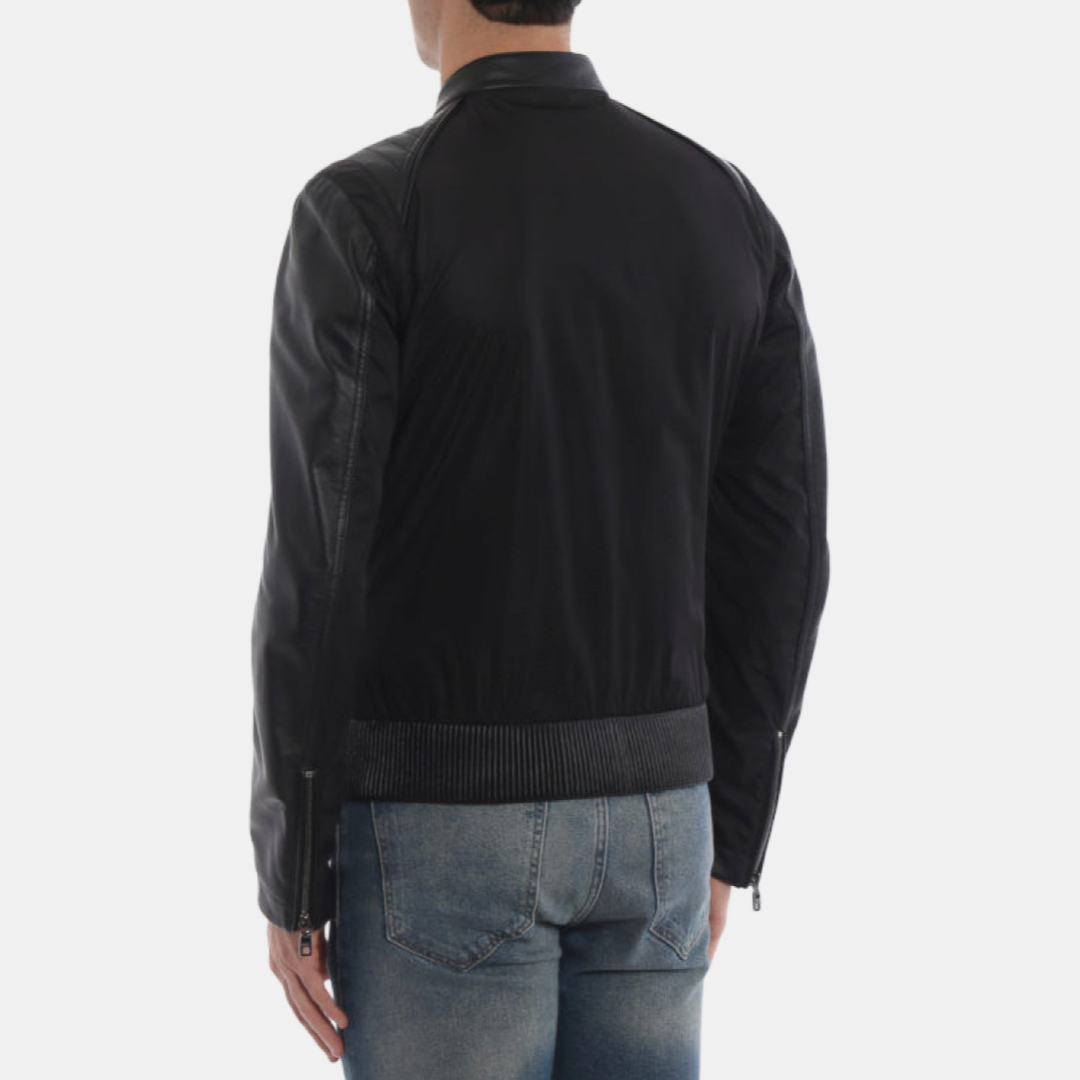 Мъжко яке с кожени детайли DOLCE & GABBANA Elegant Black Bomber Jacket With Accents