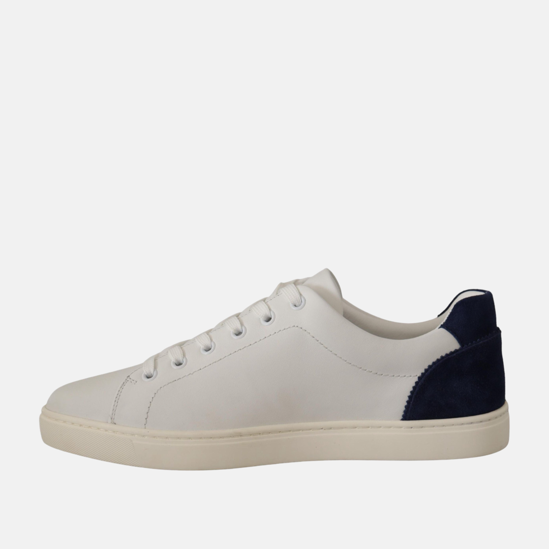 Дамски бели кецове Dolce & Gabbana 
Elegant White and Blue Low-Top Leather Sneakers