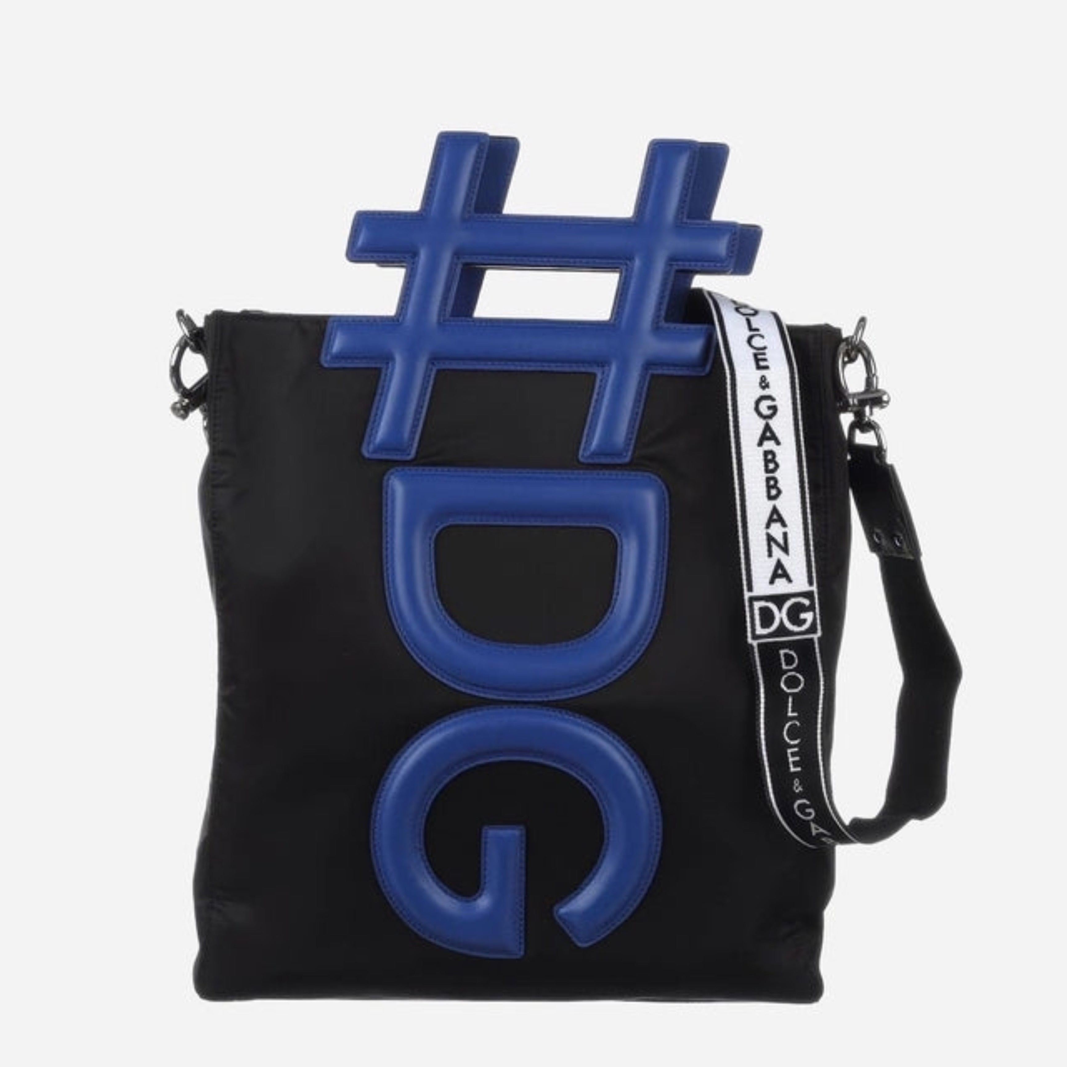 Дамска голяма ежедневна чанта Dolce &  Gabbana Black Nylon Blue Leather Hashtag Tote Bag