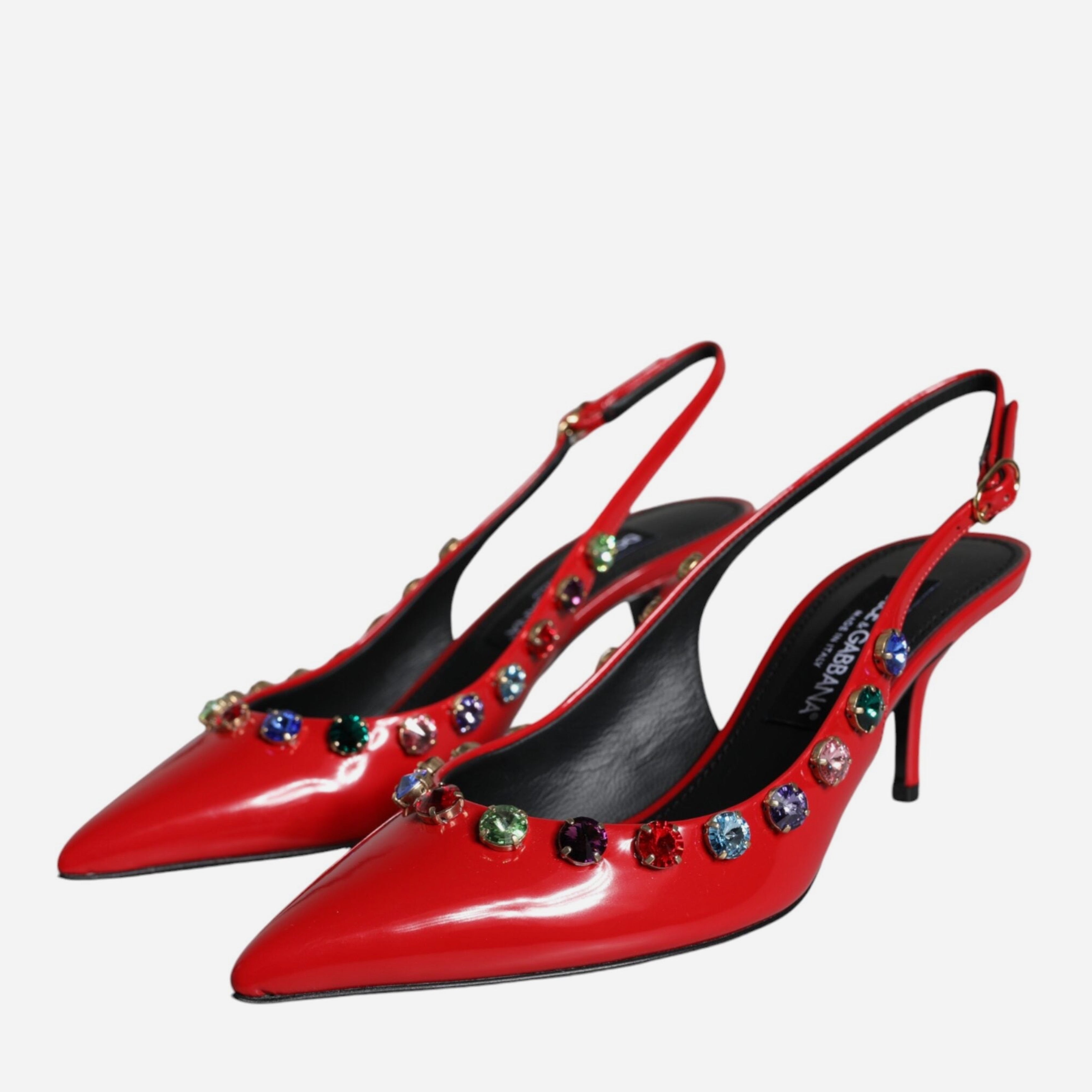 Дамски елегантни червени обувки на токче с разноцветни кристали Dolce & Gabbana Red Leather Crystal Heels Slingback