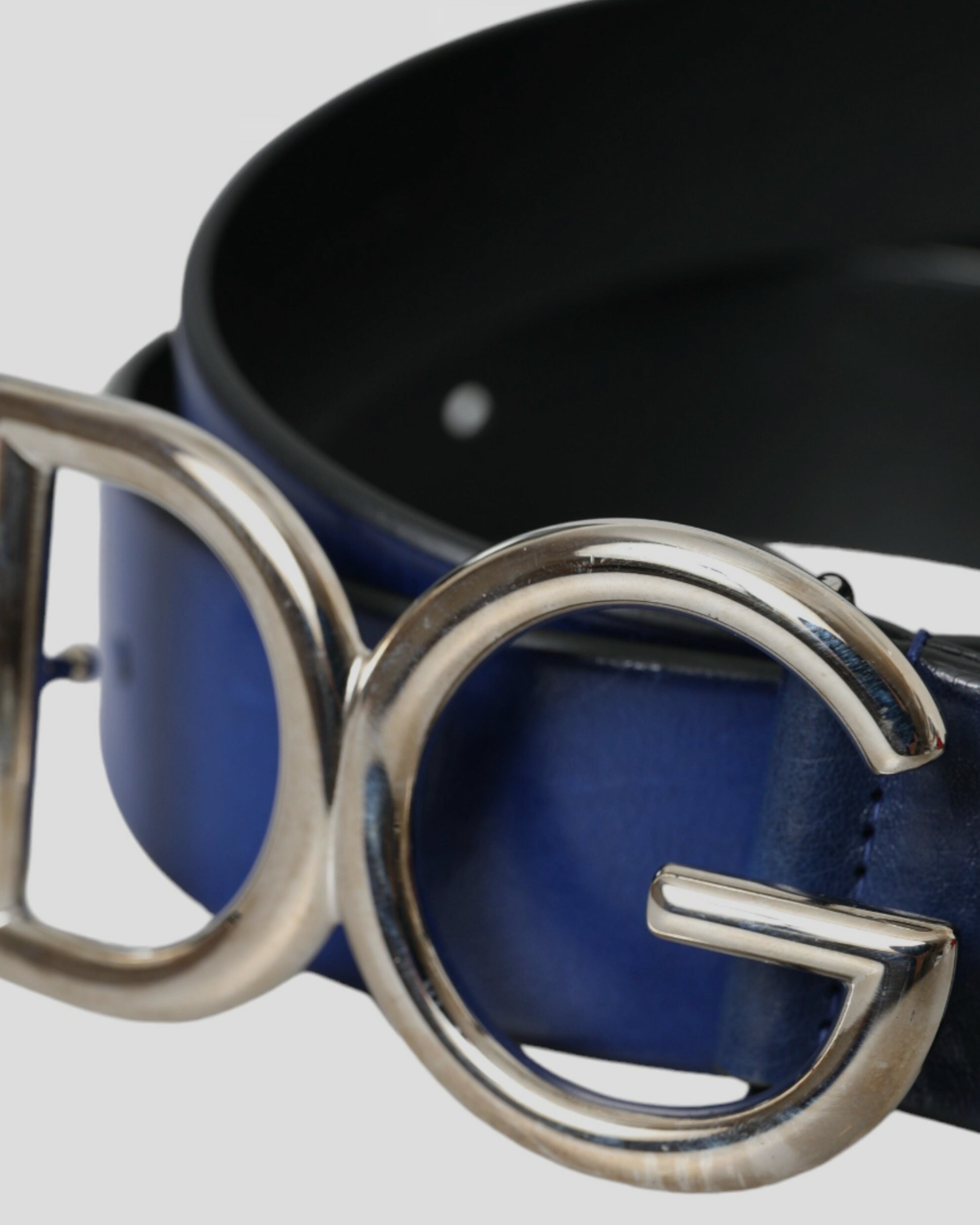 Мъжки луксозен колан от естествена кожа в синьо Dolce & Gabbana Men’s Blue Leather Silver Metal Logo Buckle Belt