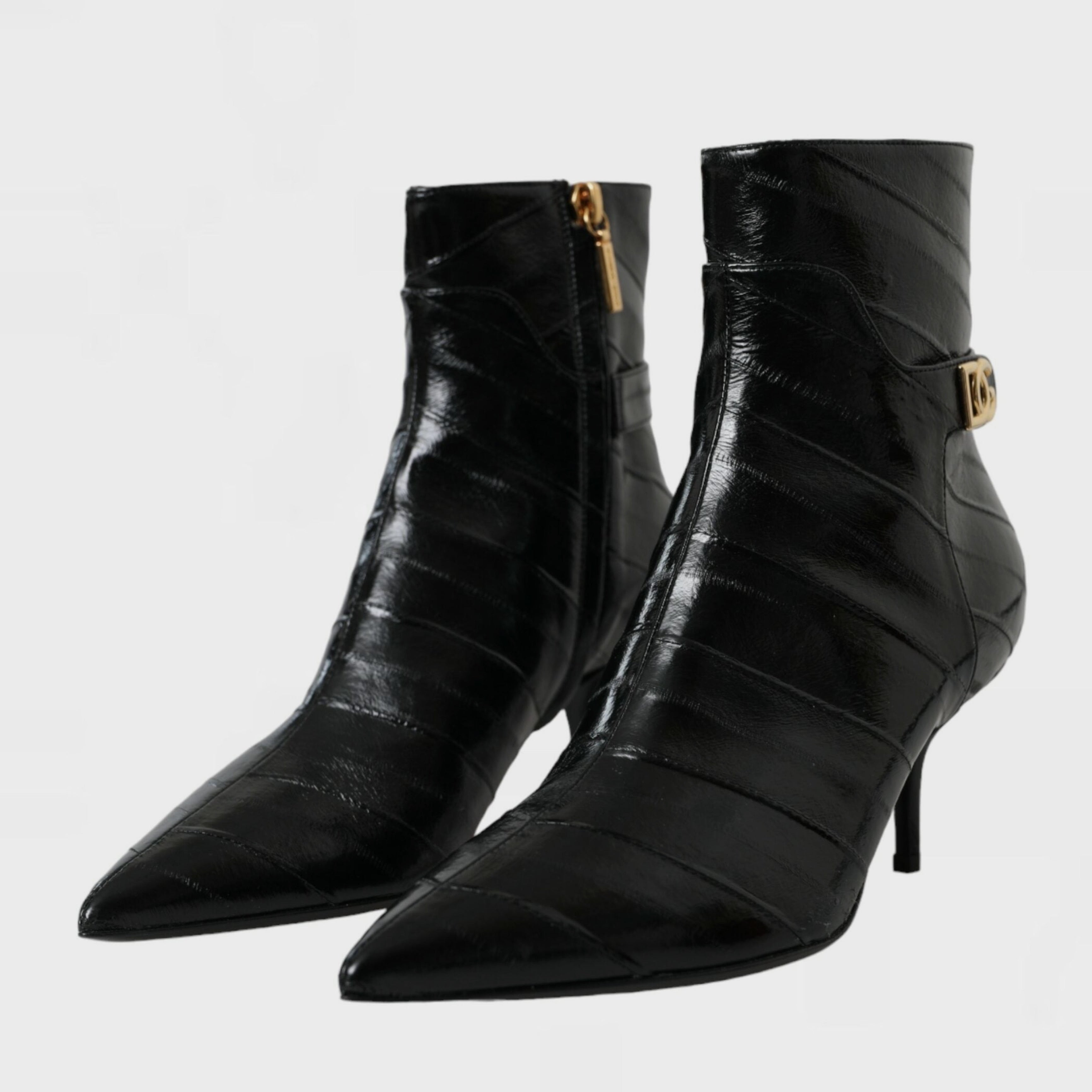 Дамски черни обувки боти на висок ток от естествена кожа от змиорка Dolce & Gabbana Black Eel Leather DG Logo Ankle Boots