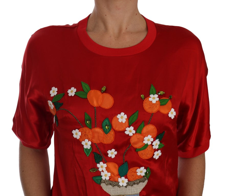 Dolce & Gabbana Red Silk Floral Embroidered Elegance Top