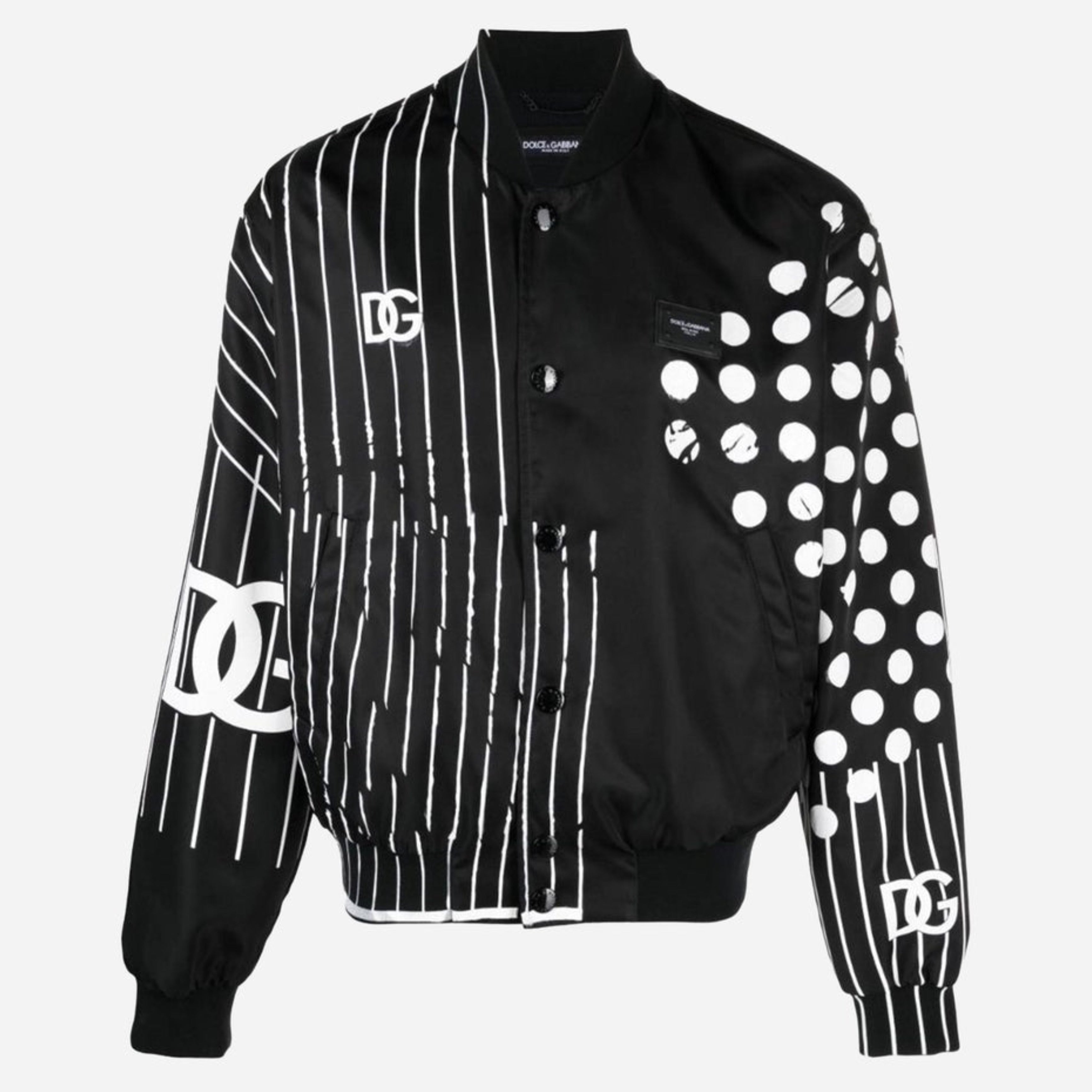 Мъжко луксозно яке тип бомбър в черно и бяло DOLCE & GABBANA Men’s Luxury Black / White Polka Dot Stripe Bomber Jacket