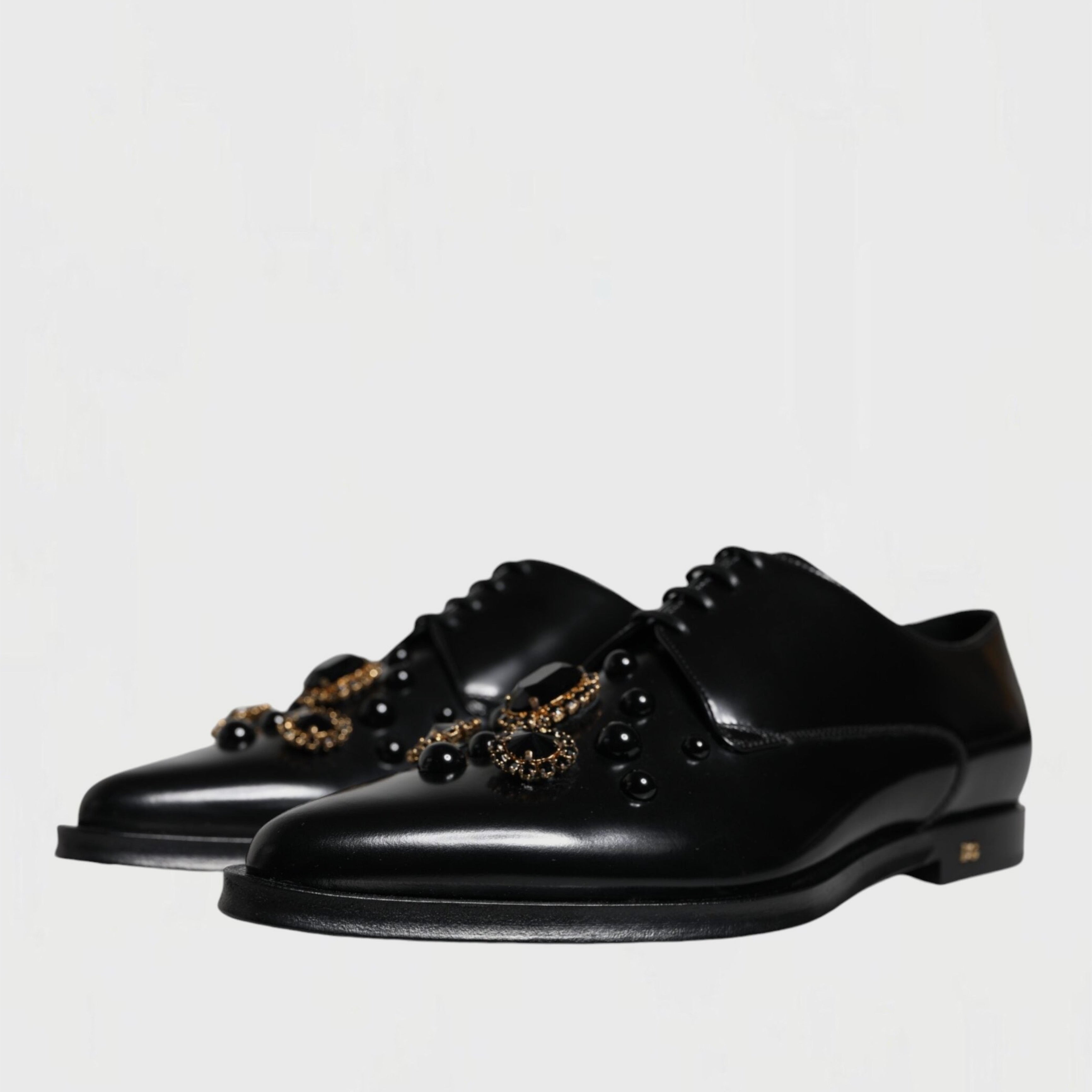 Мъжки луксозни официални дерби обувки с кристали DOLCE & GABBANA Women’s Black Leather Crystal Formal Derby Shoes