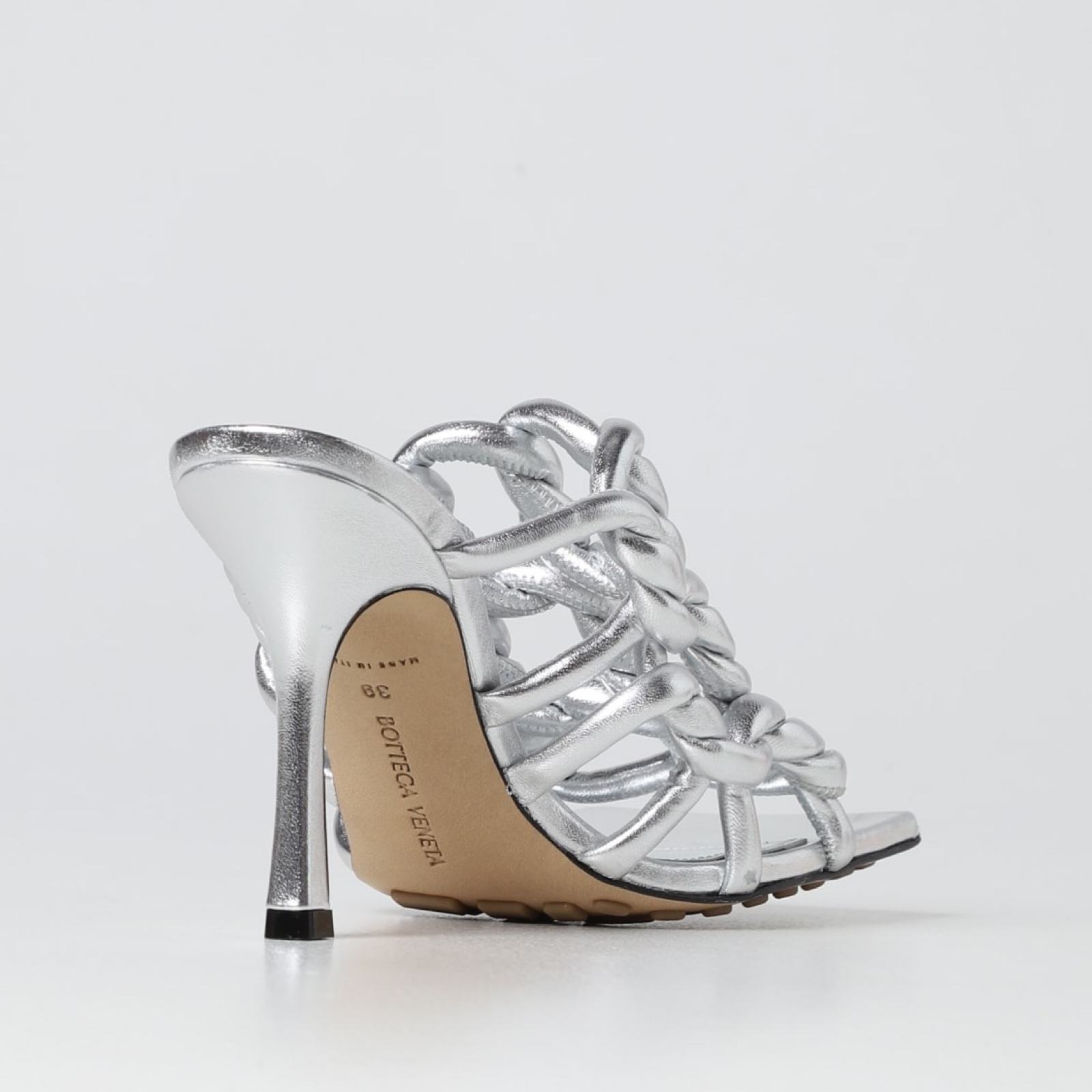 Bottega Veneta Silver Leather Women Sandal Heel View