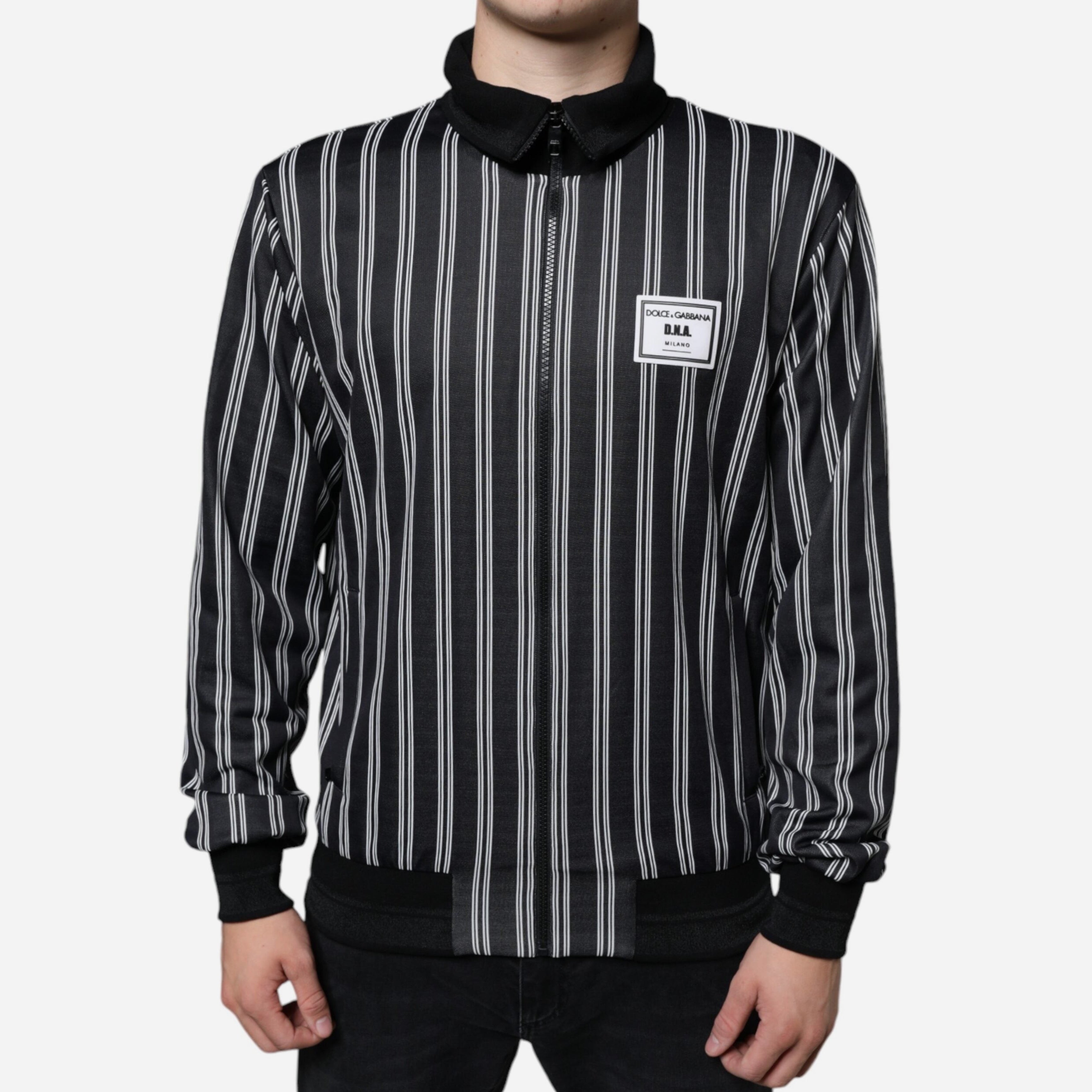 Мъжко горнище суитчър с цип в черно и бяло Dolce & Gabbana Men’s Black White Stripes Full Zip DNA Milano Men Sweatshirt