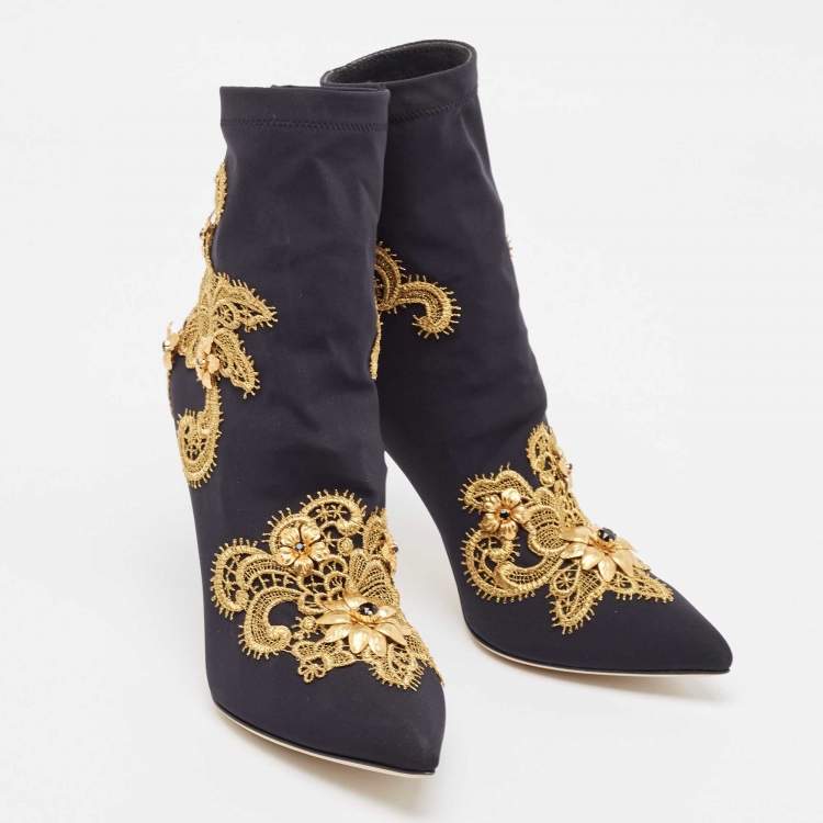 Дамски боти на ток 10 см Women’s ankle boots on heels 10 cm with embroidery and crystals DOLCE & GABBANA CT0479 AZ475 89718 Black and Gold front view