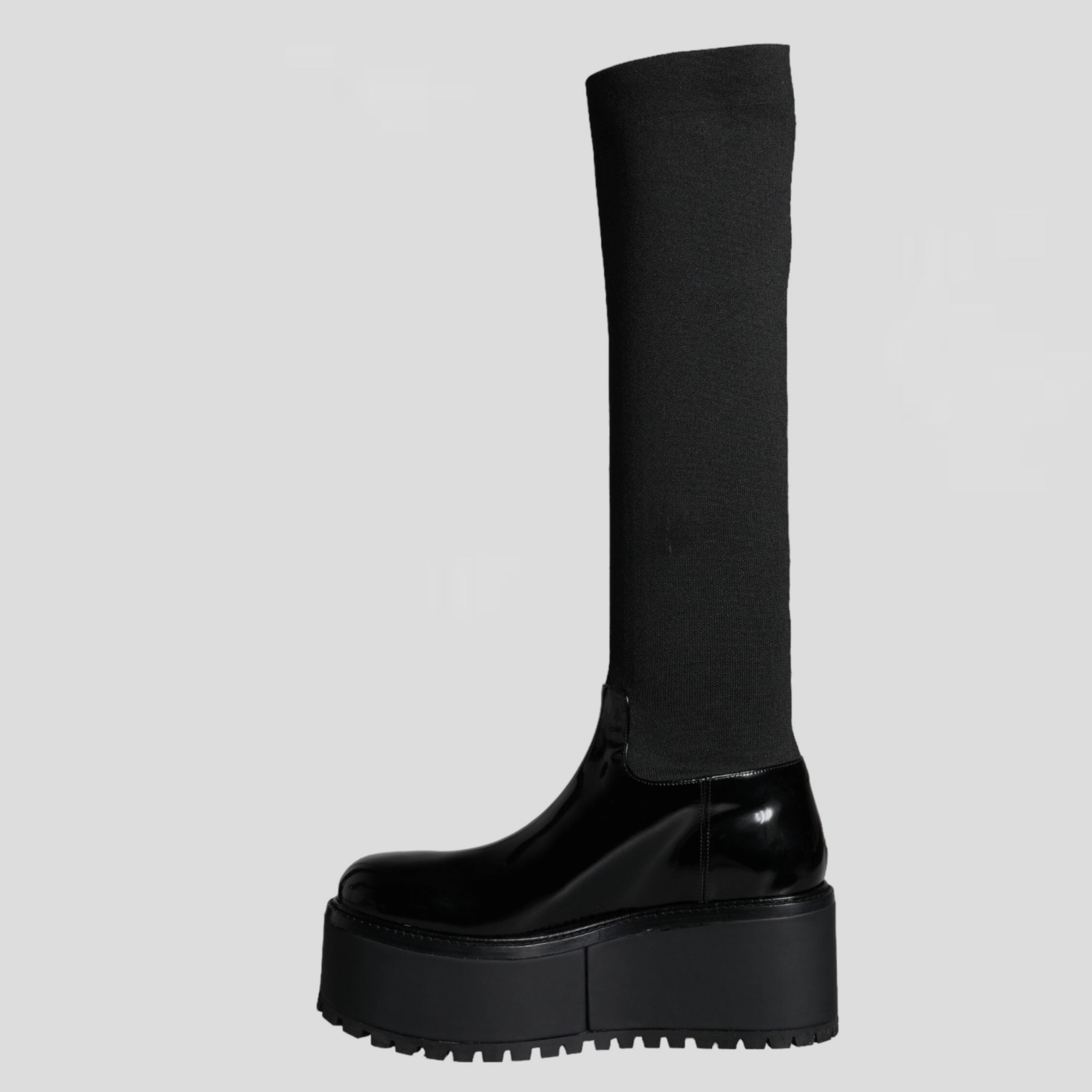 Дамски екстравагантни високи ботуши на висока платформа в черно Dolce & Gabbana Women’s Black Leather Jersey Knee High Boots