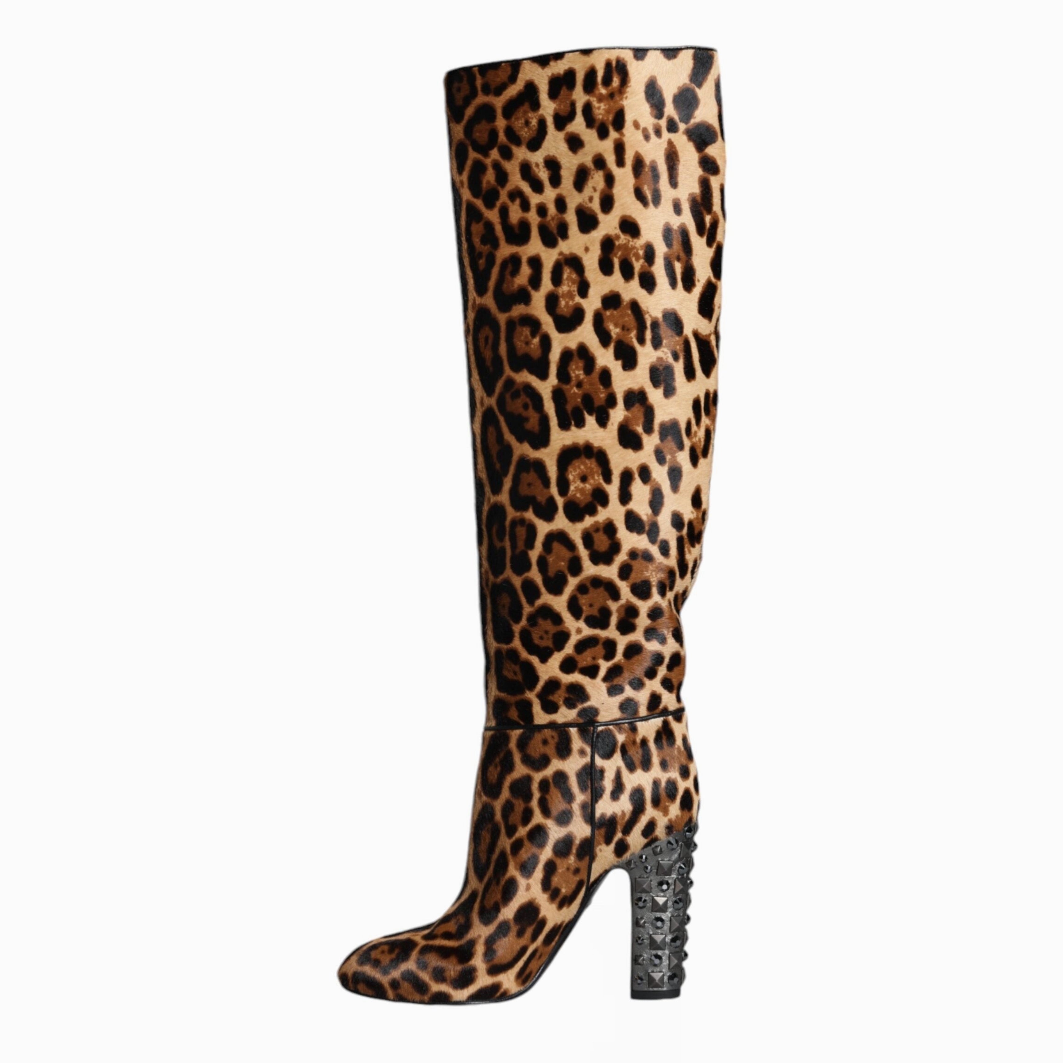 Дамски луксозни високи леопардови ботуши Dolce & Gabbana Women’s Beige Black Leopard Knee High Boots