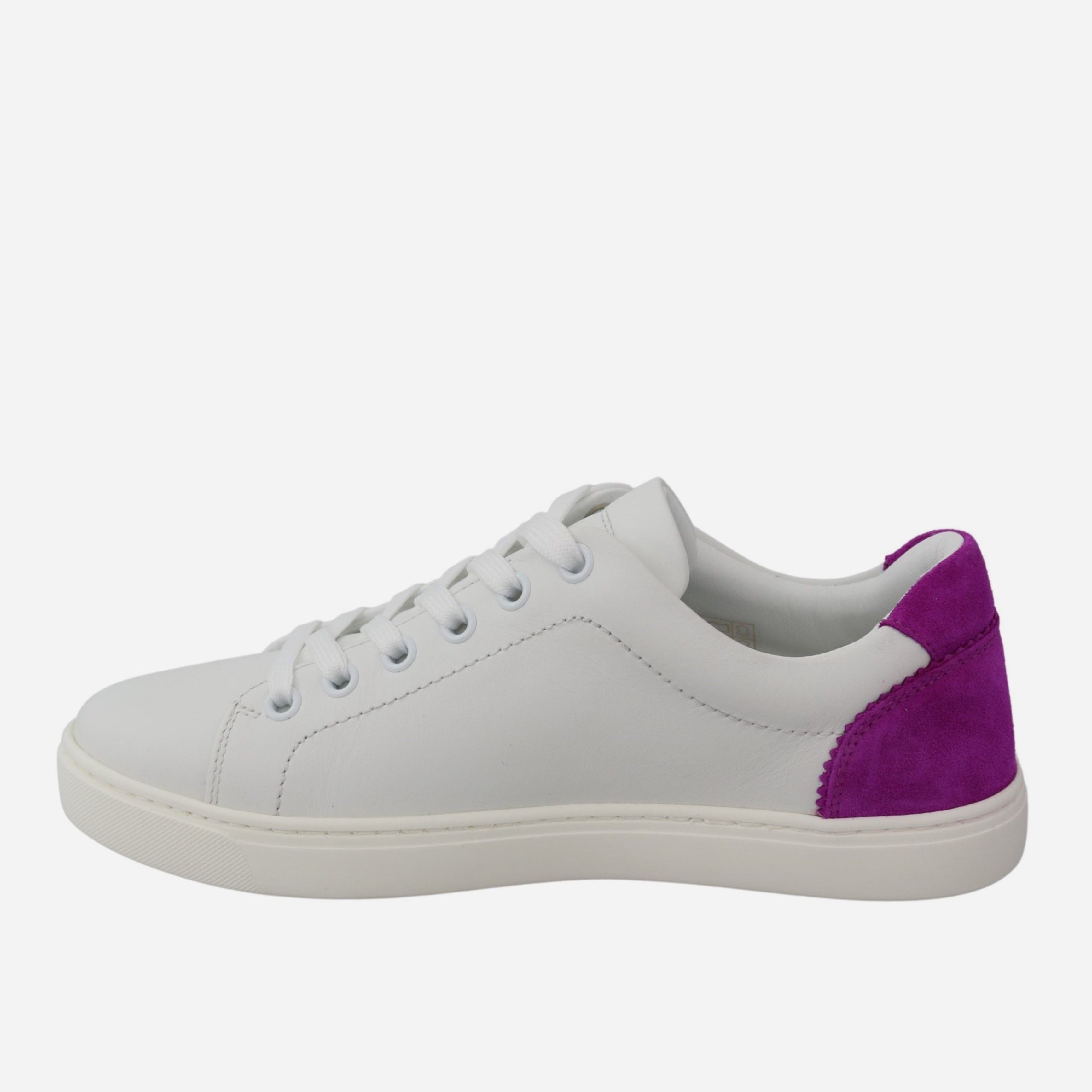 Дамски ежедневни кецове от естествена кожа в бяло Dolce & Gabbana Women’s Chic White Leather Sneakers with Purple Accents