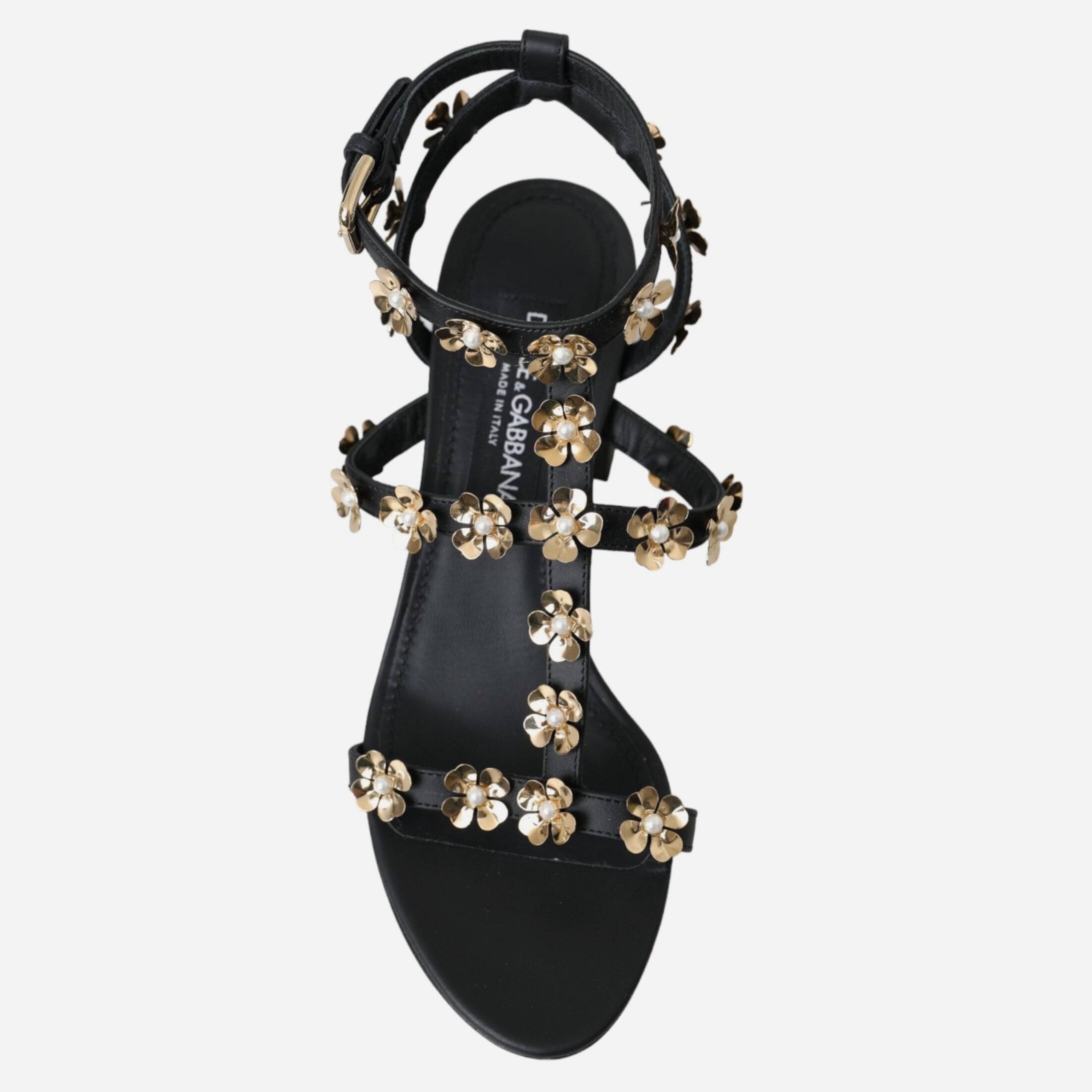 Дамски сандали от естествена кожа в черно с украса от цветенца DOLCE & GABBANA Women’s Black Leather Embellished Sandals