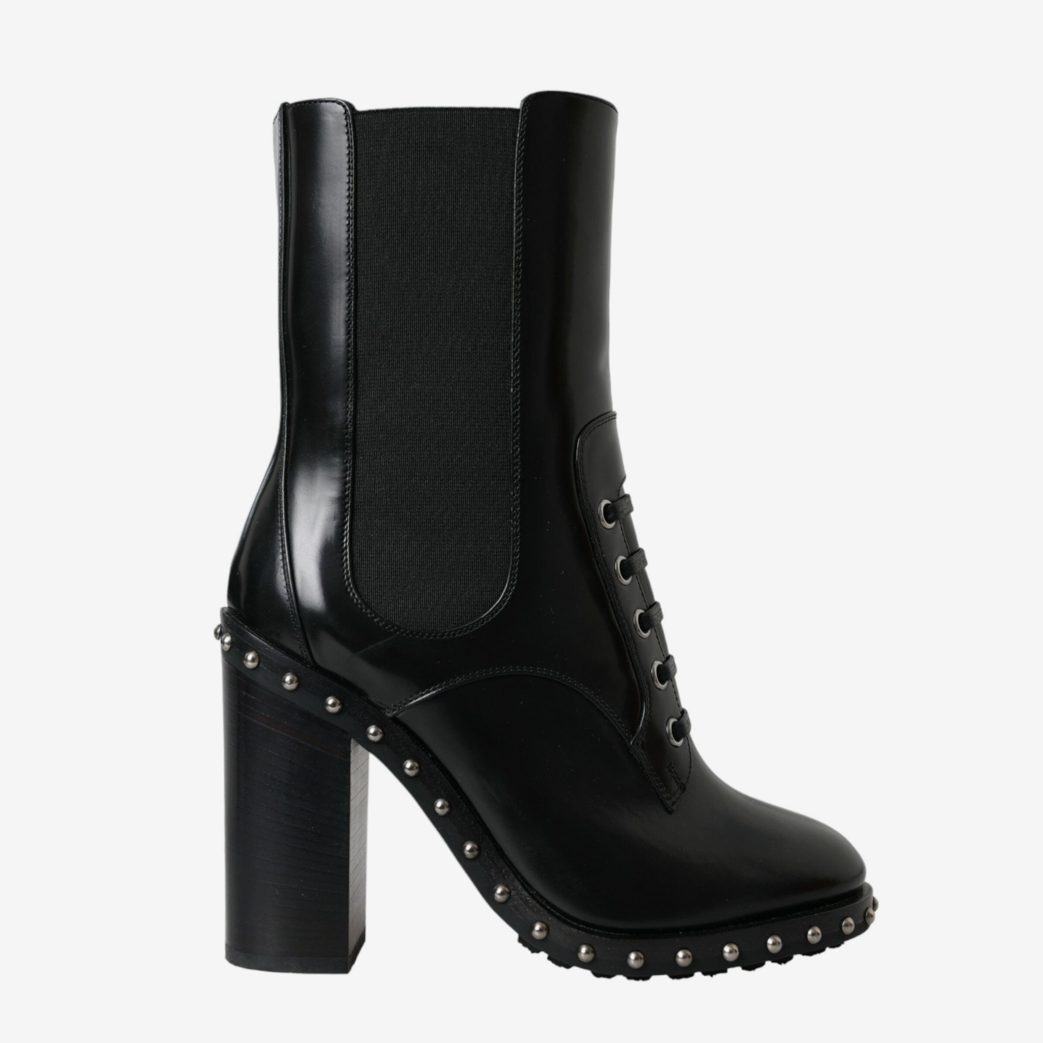 Дамски луксозни ботуши на висок ток от естествена кожа Dolce & Gabbana Women’s Black Leather Studded Lace Up Boots