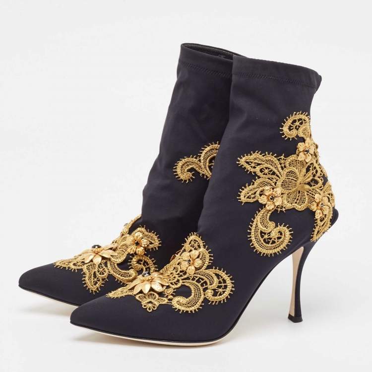 Дамски боти на ток 10 см Women’s ankle boots on heels 10 cm with embroidery and crystals DOLCE & GABBANA CT0479 AZ475 89718 Black and Gold angled view