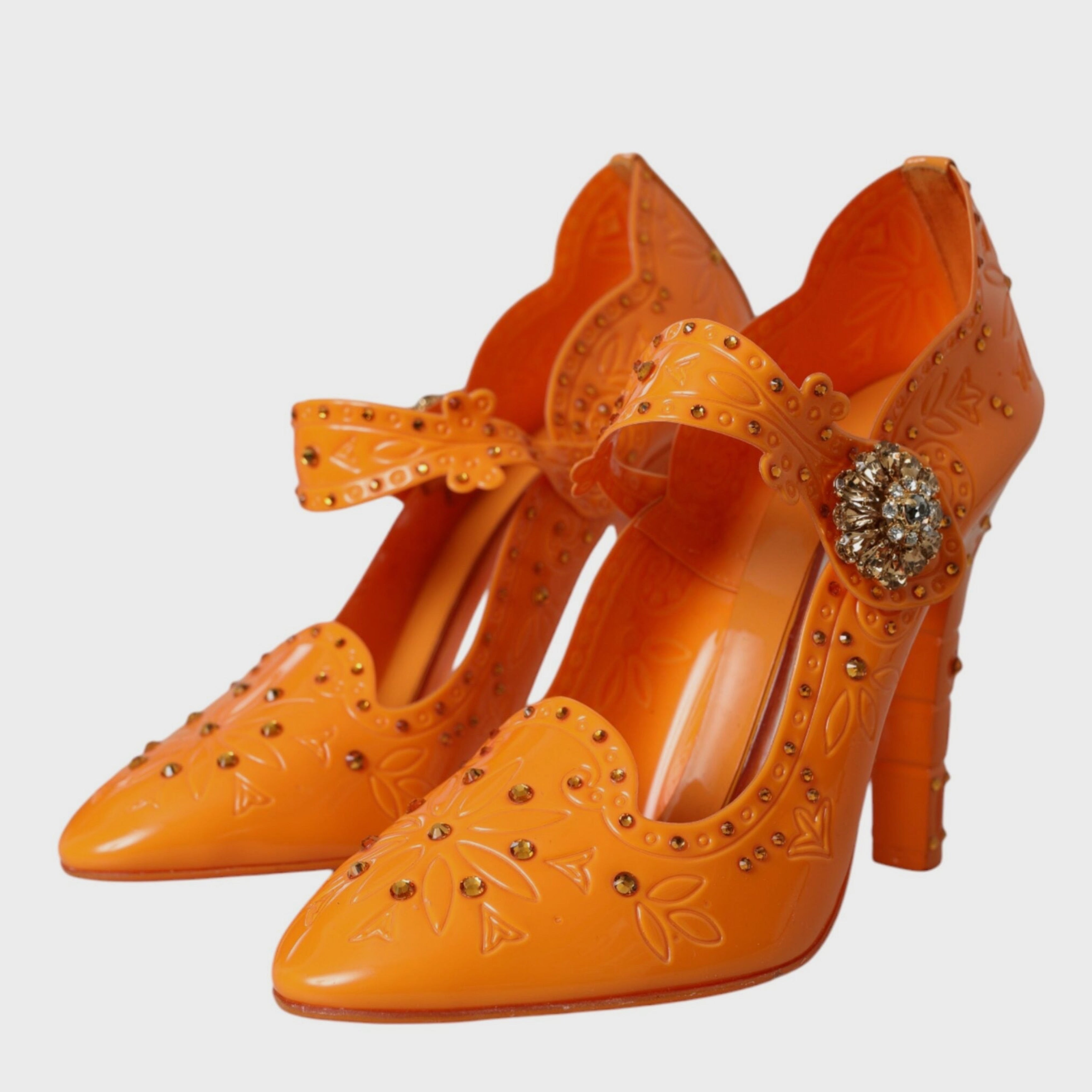 Дамски луксозни обувки на висок ток в оранжево Dolce & Gabbana Women’s CINDERELLA Floral Crystal Orange Heels