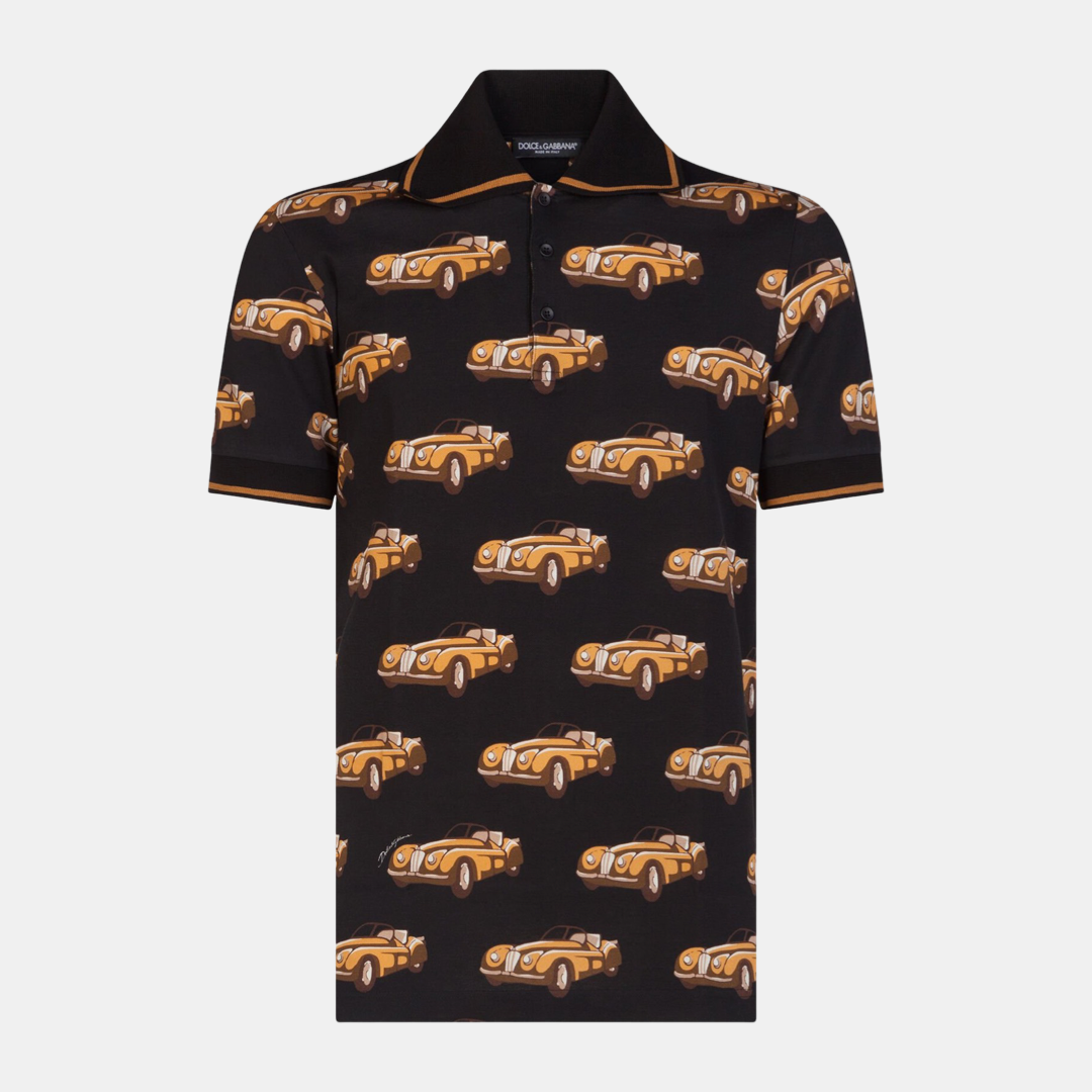 Мъжка поло тениска Dolce & Gabbana Black Car Print Short Sleeve Polo T-shirt